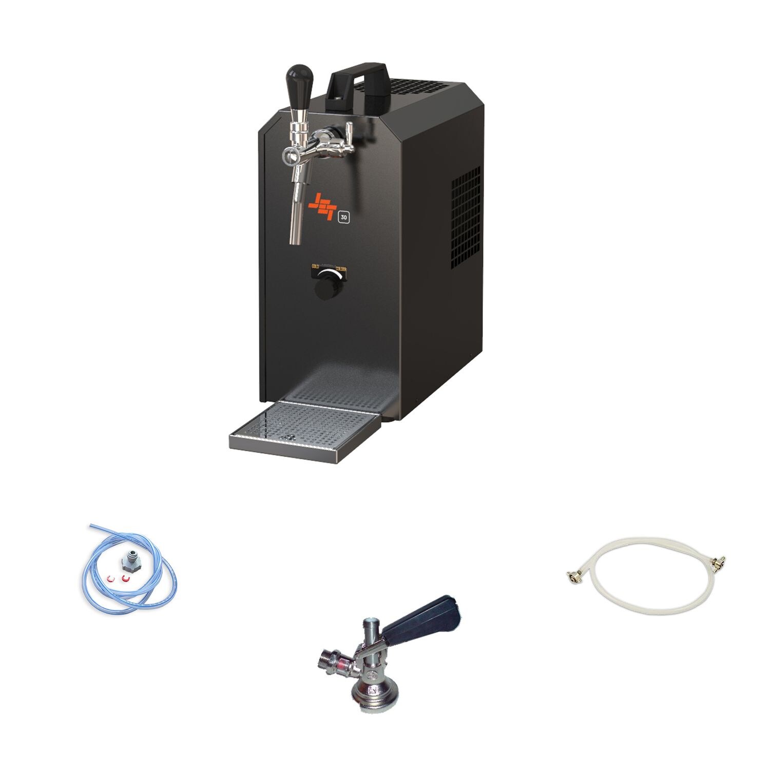 Komplett Set - Zapfanlage, Bierzapfanlage JET 30K Bierkoffer mit Luftpumpe Durchlaufkühler 1-leitig Trockenkühler, bis zu 35 Liter/h, Zapfkopf:NC Adapter