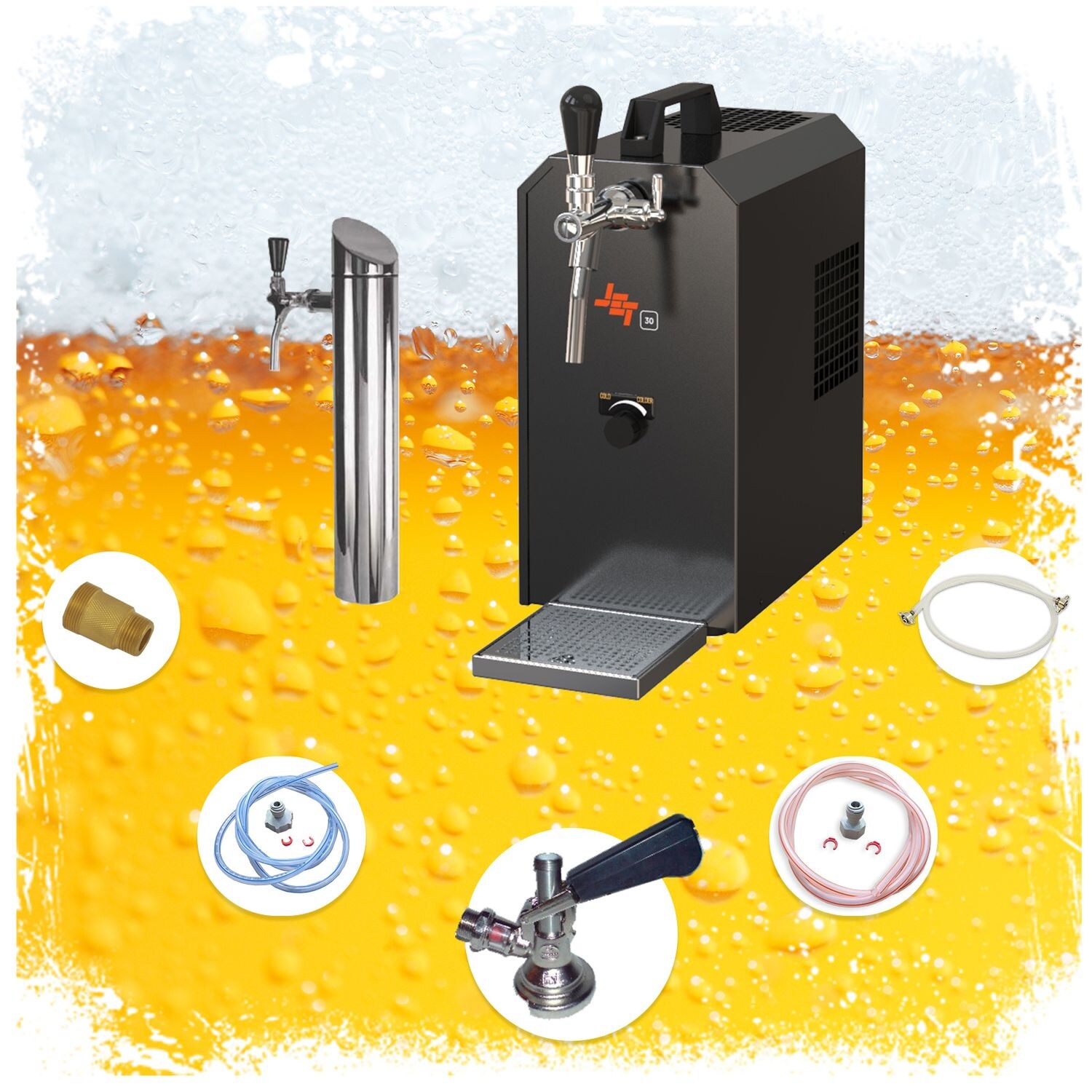 Untertheken Komplett Set - Zapfanlage, Bierzapfanlage JET 30K Bierkoffer mit Luftpumpe Durchlaufkühler 1-leitig Trockenkühler, bis zu 35 Liter/h, Zapfkopf:5 Liter Adapter