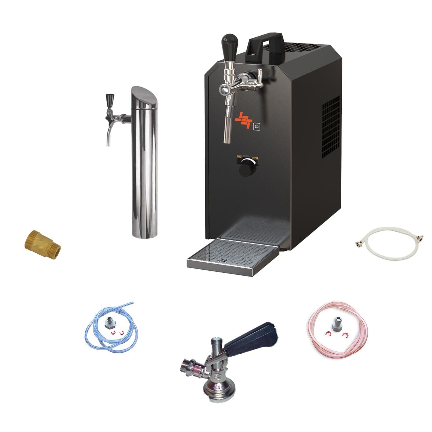 Untertheken Komplett Set - Zapfanlage, Bierzapfanlage JET 30K Bierkoffer mit Luftpumpe Durchlaufk&uuml;hler 1-leitig Trockenk&uuml;hler, bis zu 35 Liter/h, Zapfkopf:KeyKeg 