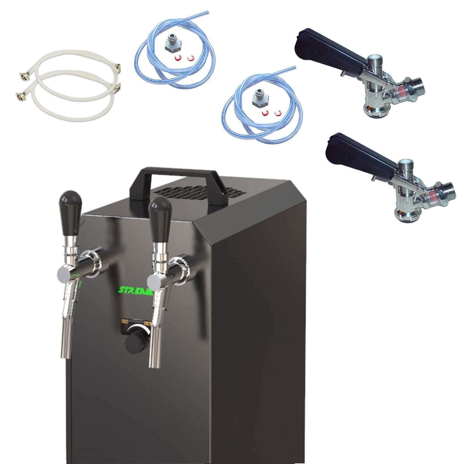 Komplett Set - Zapfanlage, Bierzapfanlage STREAM 50K mit Luftpumpe Bierkoffer, Durchlaufk&uuml;hler 2-leitig Trockenk&uuml;hler, bis zu 55 Liter/h - BLACK EDITION, Zapfkopf 2:5 Liter Adapter,Zapfkopf:NC Adapter 