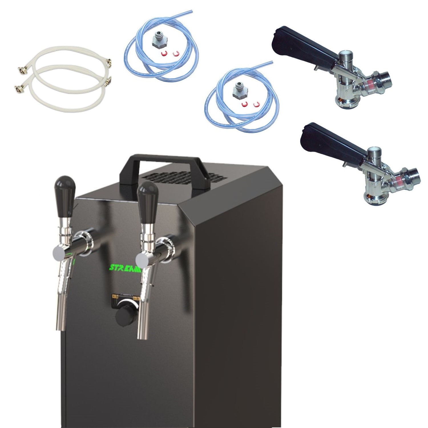Komplett Set - Zapfanlage, Bierzapfanlage STREAM 50K mit Luftpumpe Bierkoffer, Durchlaufk&uuml;hler 2-leitig Trockenk&uuml;hler, bis zu 55 Liter/h - BLACK EDITION, Zapfkopf:5 Liter Adapter,Zapfkopf 2:KeyKeg 