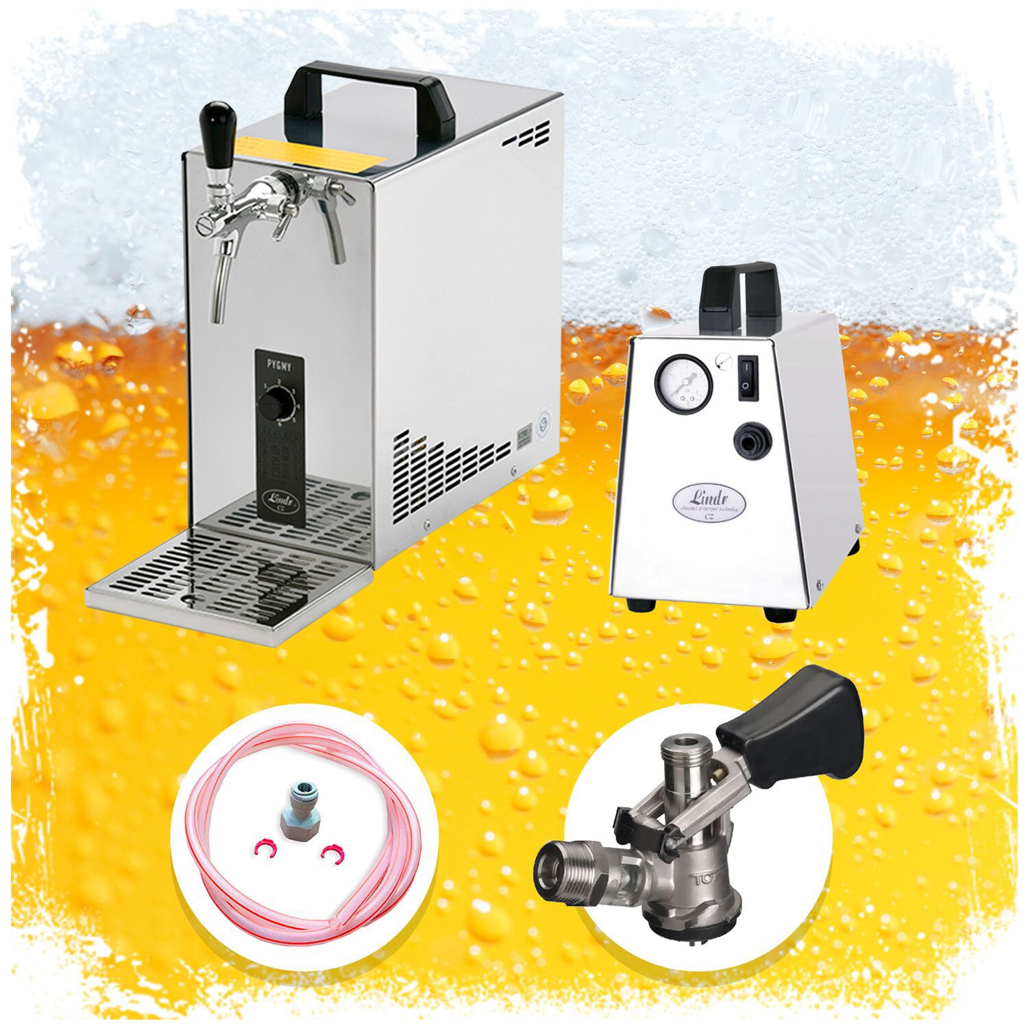 Komplett Set - Zapfanlage, Bierkoffer, Durchlaufkühler, Bierzapfanlage PYGMY 25 1-leitig Trockenkühler, 35 Liter/h, Zapfkopf:NC Adapter