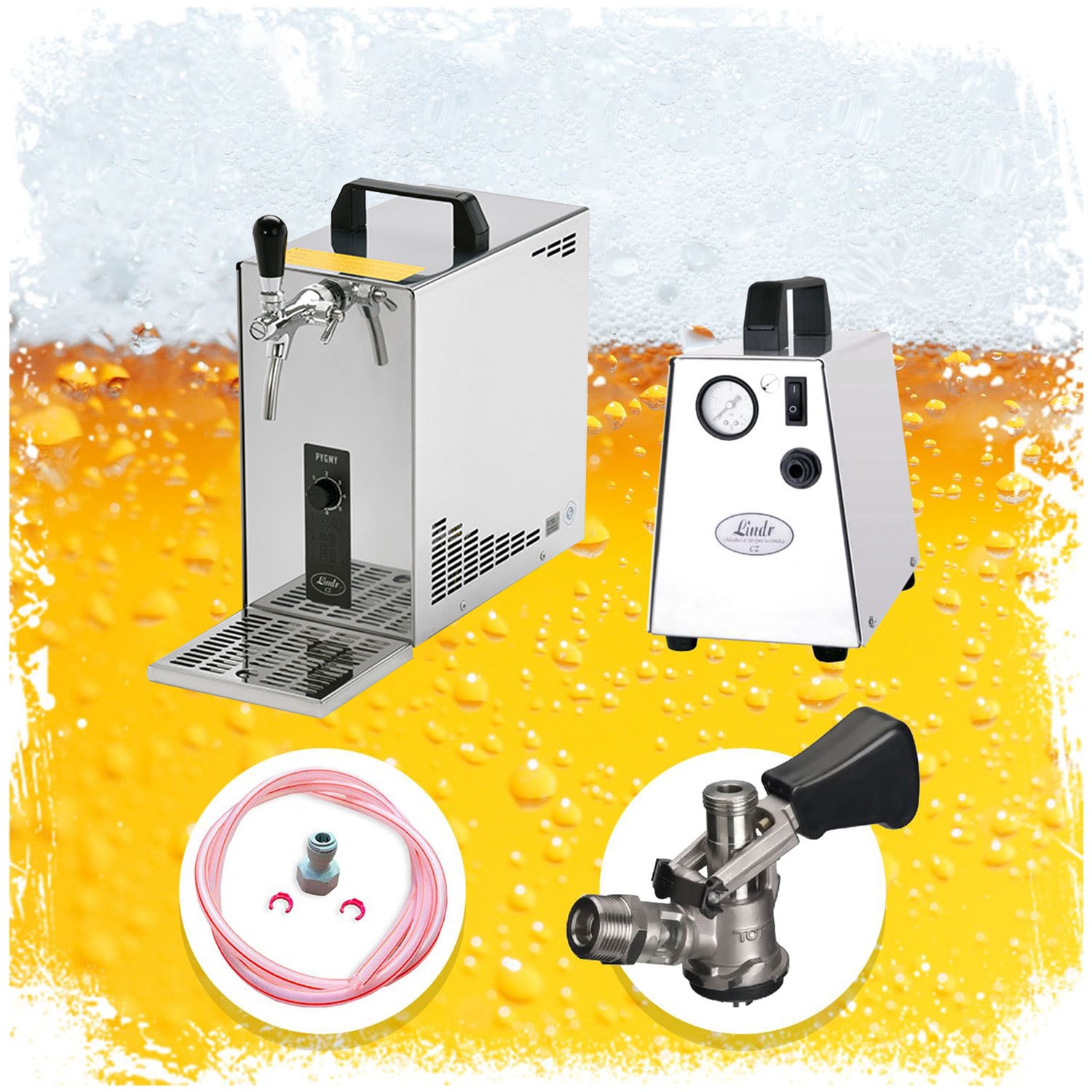 Komplett Set Zapfanlage, Bierzapfanlage, Bierkoffer, Durchlaufk&uuml;hler PYGMY 25 1-leitig Trockenk&uuml;hler, 35 Liter/h, Green Line, Zapfkopf:Flach 