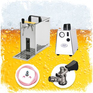 Komplett Set Zapfanlage, Bierzapfanlage, Bierkoffer, Durchlaufkühler PYGMY 25 1-leitig Trockenkühler, 35 Liter/h, Green Line, KeyKeg 