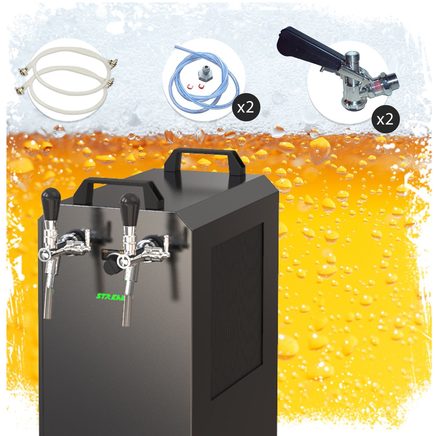 Komplett Set - Zapfanlage STREAM 80K mit Luftpumpe Bierkoffer, Bierzapfanlage, Durchlaufkühler 2-leitig Trockenkühler, Zapfkopf:Kombi,Zapfkopf 2:ohne