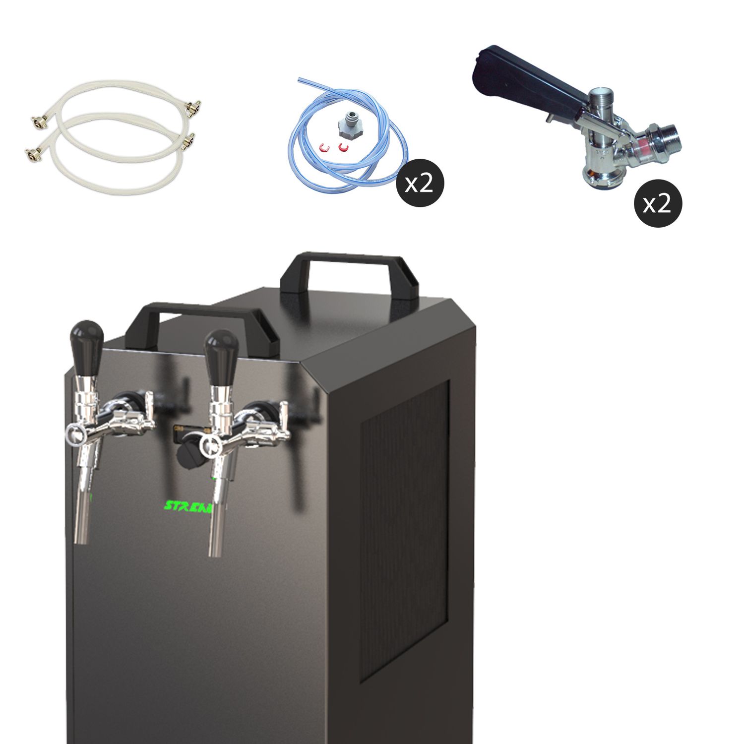 Komplett Set - Zapfanlage STREAM 80K mit Luftpumpe Bierkoffer, Bierzapfanlage, Durchlaufk&uuml;hler 2-leitig Trockenk&uuml;hler, Zapfkopf:KeyKeg,Zapfkopf 2:KeyKeg 