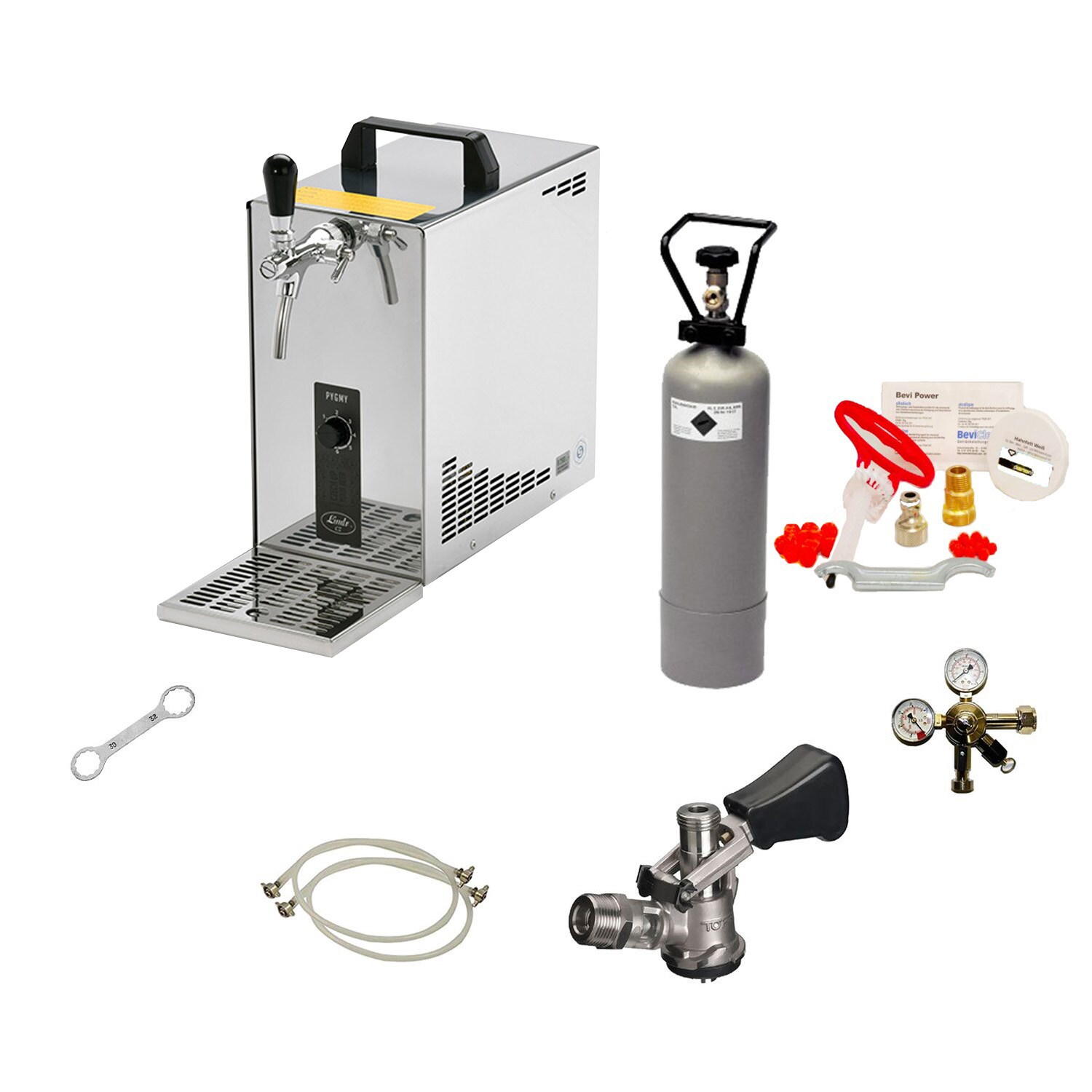 Komplett Set - Zapfanlage, Bierzapfanlage, Bierkoffer, Durchlaufkühler PYGMY 25 1-leitig Trockenkühler, 35 Liter/h, Reinigungsset für Zapfanlage und Keg, Korb