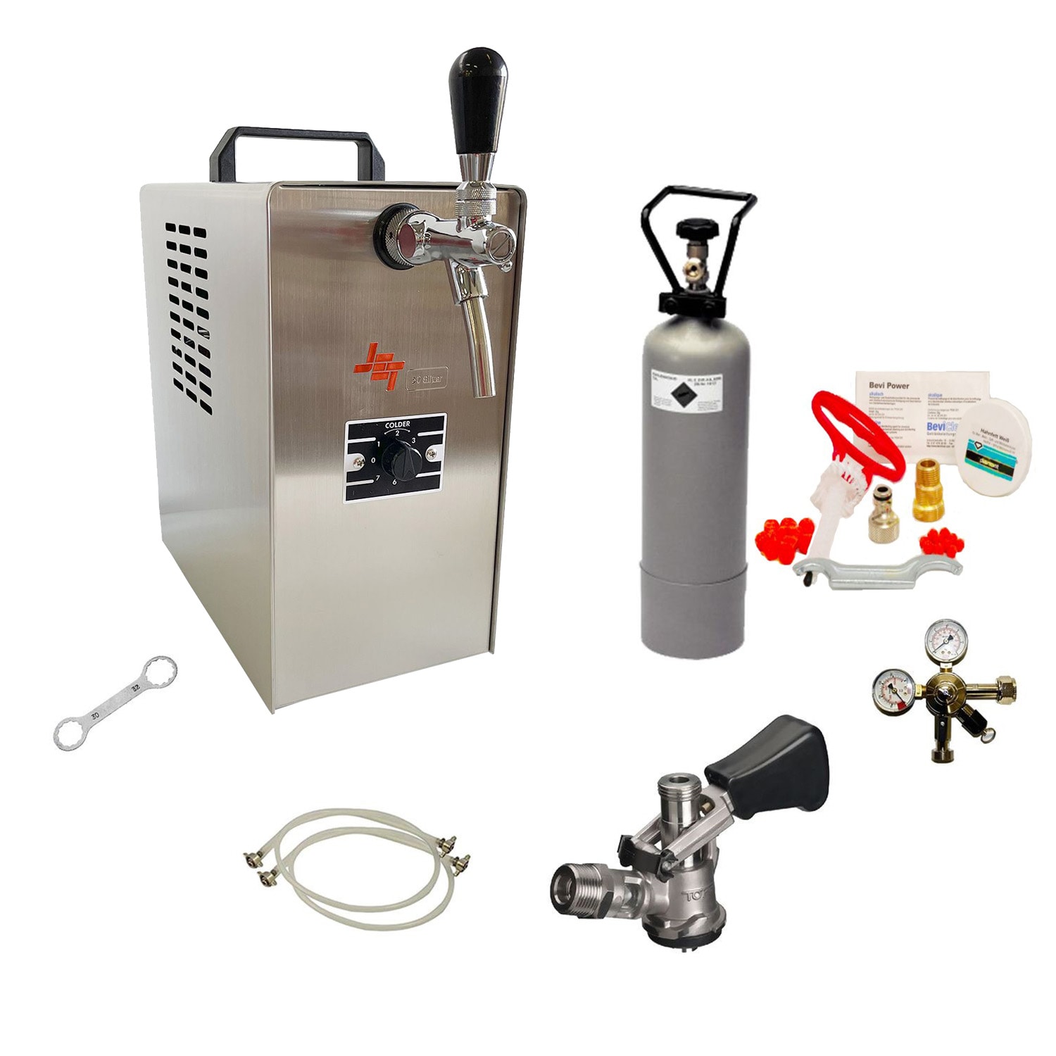 Komplett Set Zapfanlage JET 30 Bierkoffer, Durchlaufk&uuml;hler 1-leitig Trockenk&uuml;hler, bis zu 35 Liter/h, Reinigungsset f&uuml;r Zapfanlage und Keg, Zapfkopf:Korb 