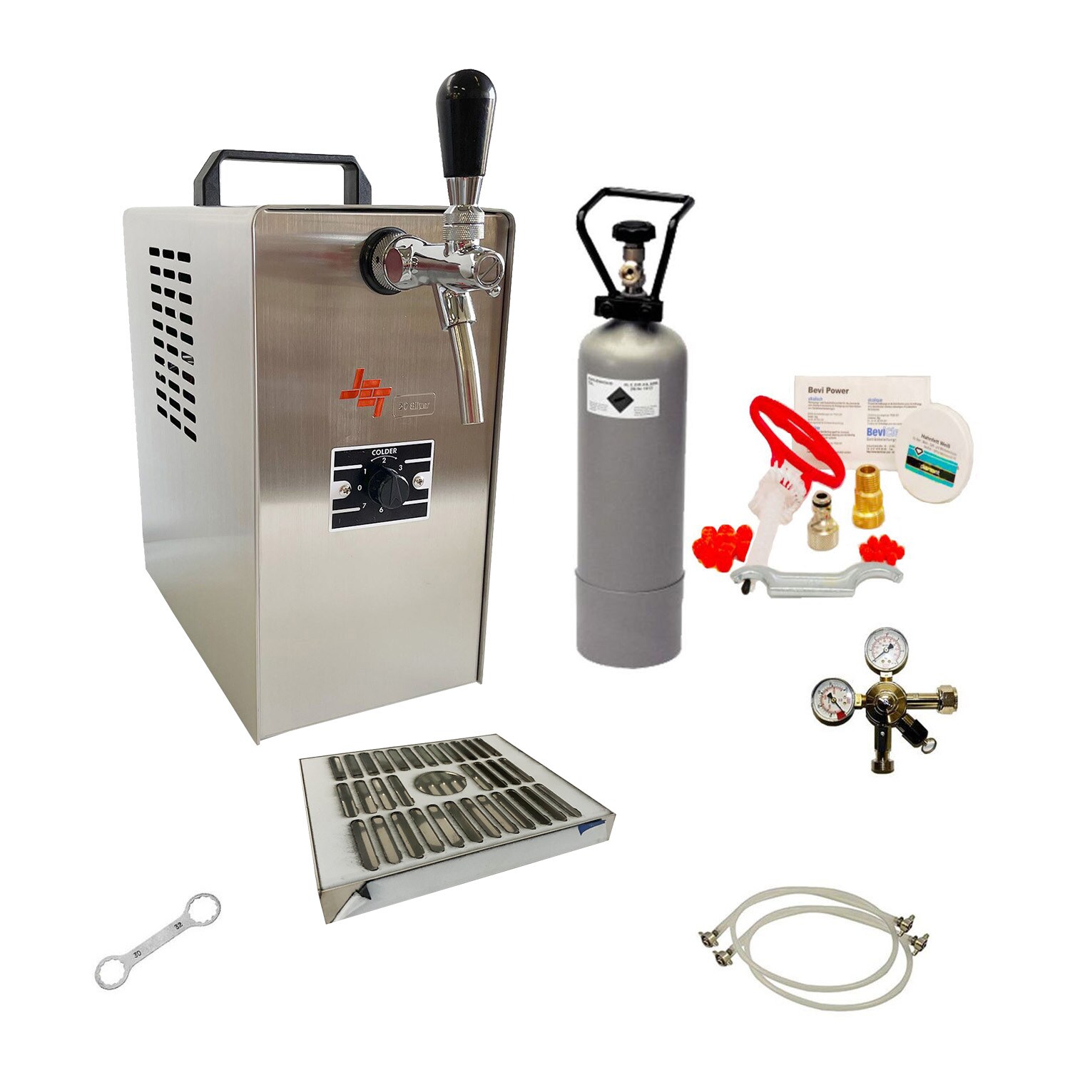 Komplett Set Zapfanlage JET 30 Bierkoffer, Durchlaufkühler 1-leitig Trockenkühler, bis zu 35 Liter/h, Reinigungsset für Zapfanlage und Keg, Zapfkopf:Korb