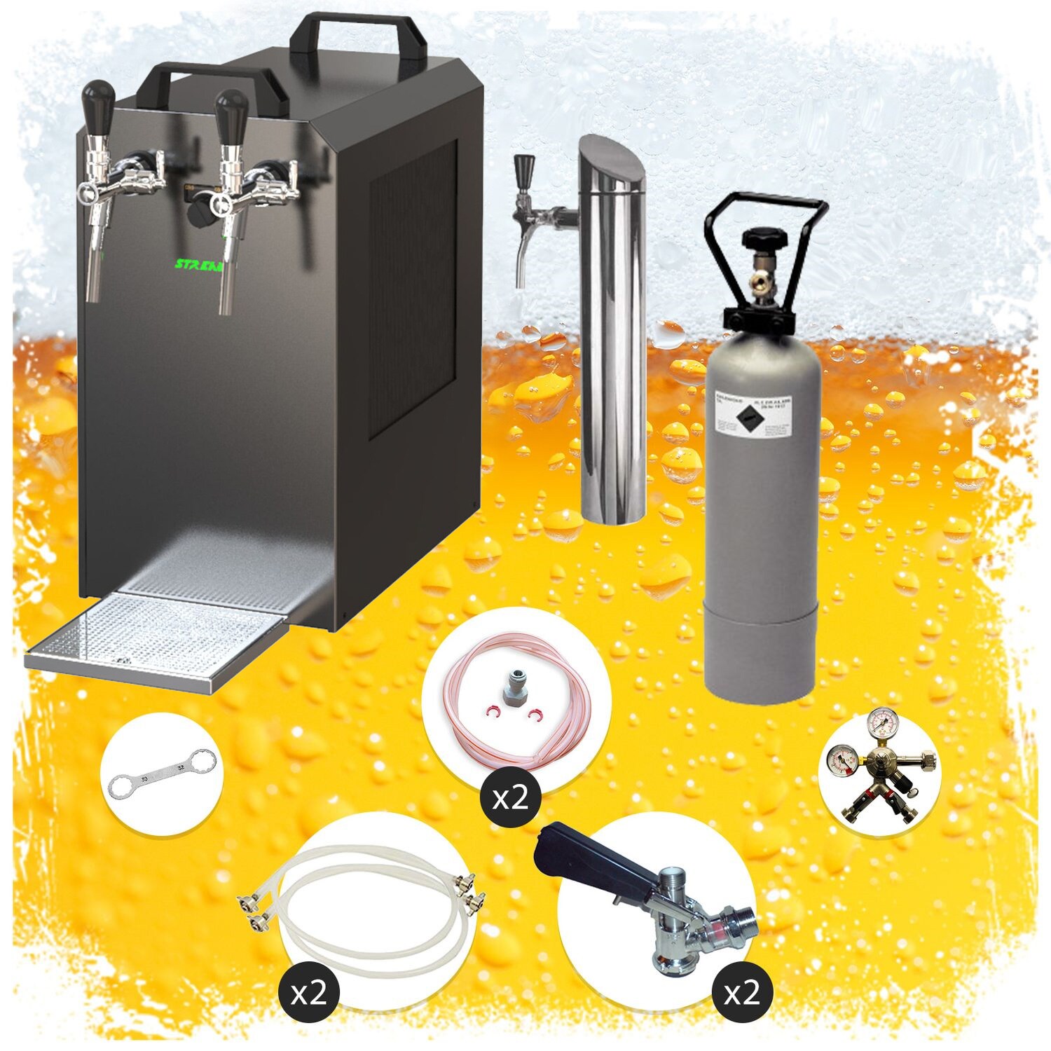 Untertheken Komplett Set - Zapfanlage STREAM 80 Bierkoffer, Bierzapfanlage, Durchlaufk&uuml;hler 2-leitig Trockenk&uuml;hler, Zapfkopf:ohne,Zapfkopf 2:NC Adapter 