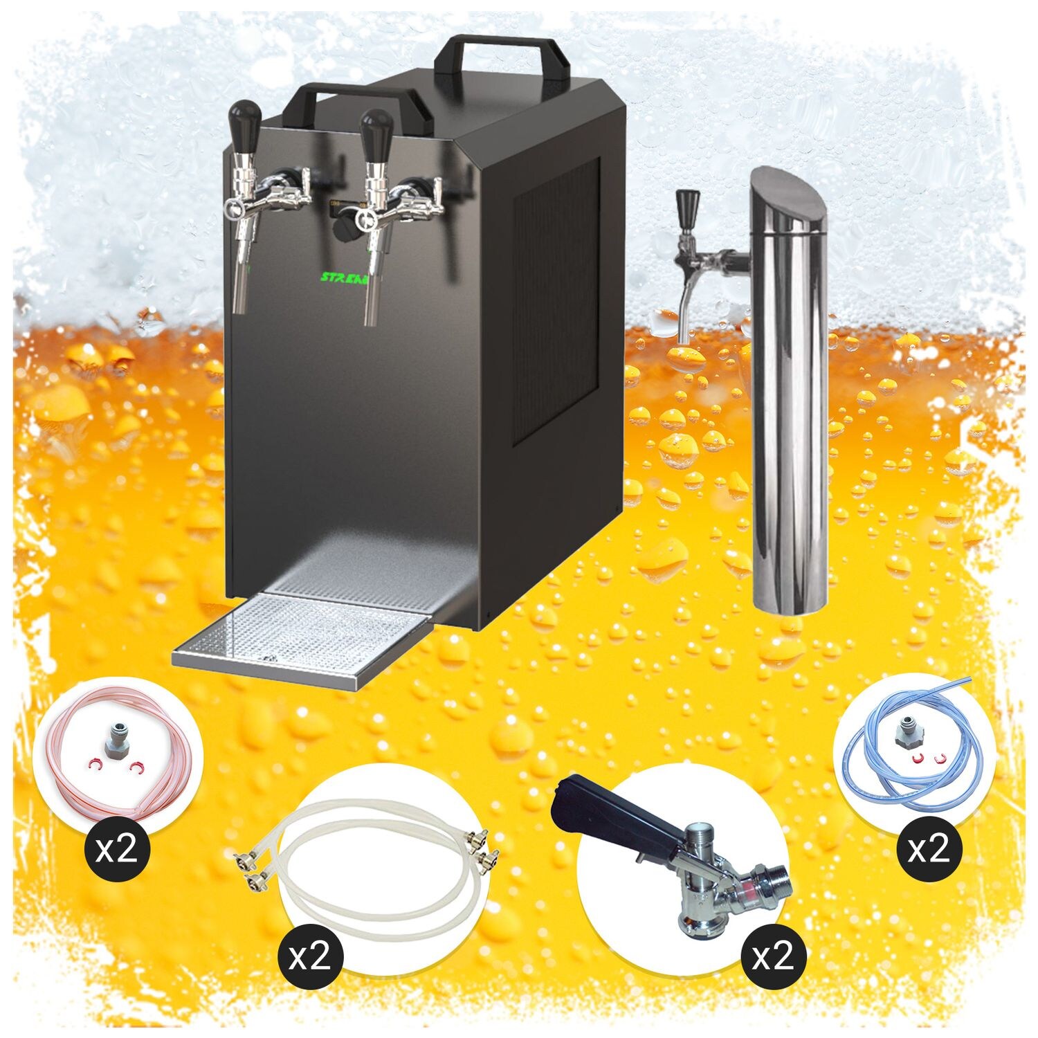 Untertheken Komplett Set - Zapfanlage STREAM 80K mit Luftpumpe Bierkoffer, Bierzapfanlage, Durchlaufkühler 2-leitig Trockenkühler, Zapfkopf 2:Flach,Zapfkopf:NC Adapter