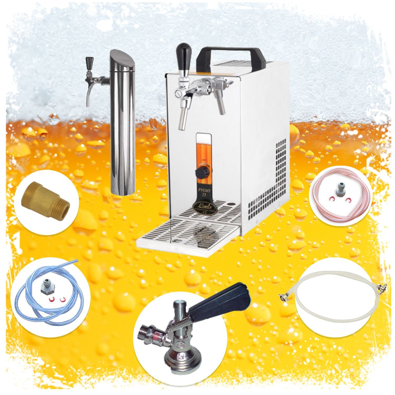 Untertheken Komplett Set - Bier Zapfanlage, Bierzapfanlage PYGMY 25/K mit Membranpumpe, 1-leitig Trockenk&uuml;hlger&auml;t aus Edelstahl, 35 Liter/h, inkl. Schanks&auml;ule, Green Line, Zapfkopf:KeyKeg 