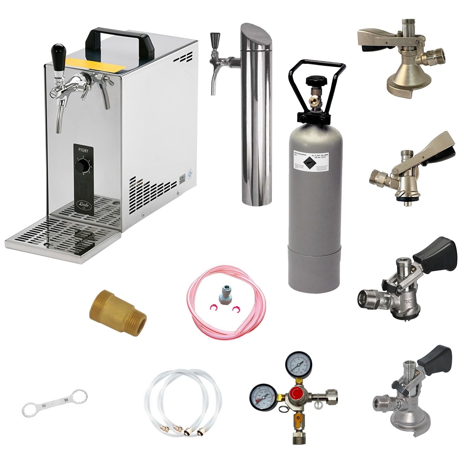 Untertheken Komplett Set - Zapfanlage, Bierzapfanlage, Bierkoffer, Durchlaufkühler PYGMY 25 LE 1-leitig Trockenkühler, 30 Liter/h, inkl. Schanksäule, Green Line, Zapfkopf:KeyKeg