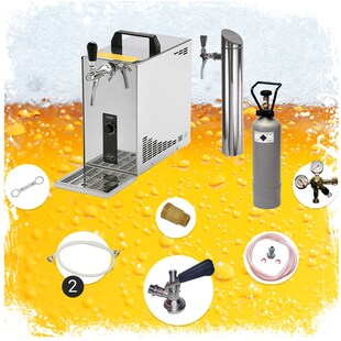 Untertheken Komplett Set - Zapfanlage, Bierzapfanlage, Bierkoffer, Durchlaufkühler PYGMY 25 LE 1-leitig Trockenkühler, 30 Liter/h, inkl. Schanksäule, Green Line, Zapfkopf:KeyKeg 