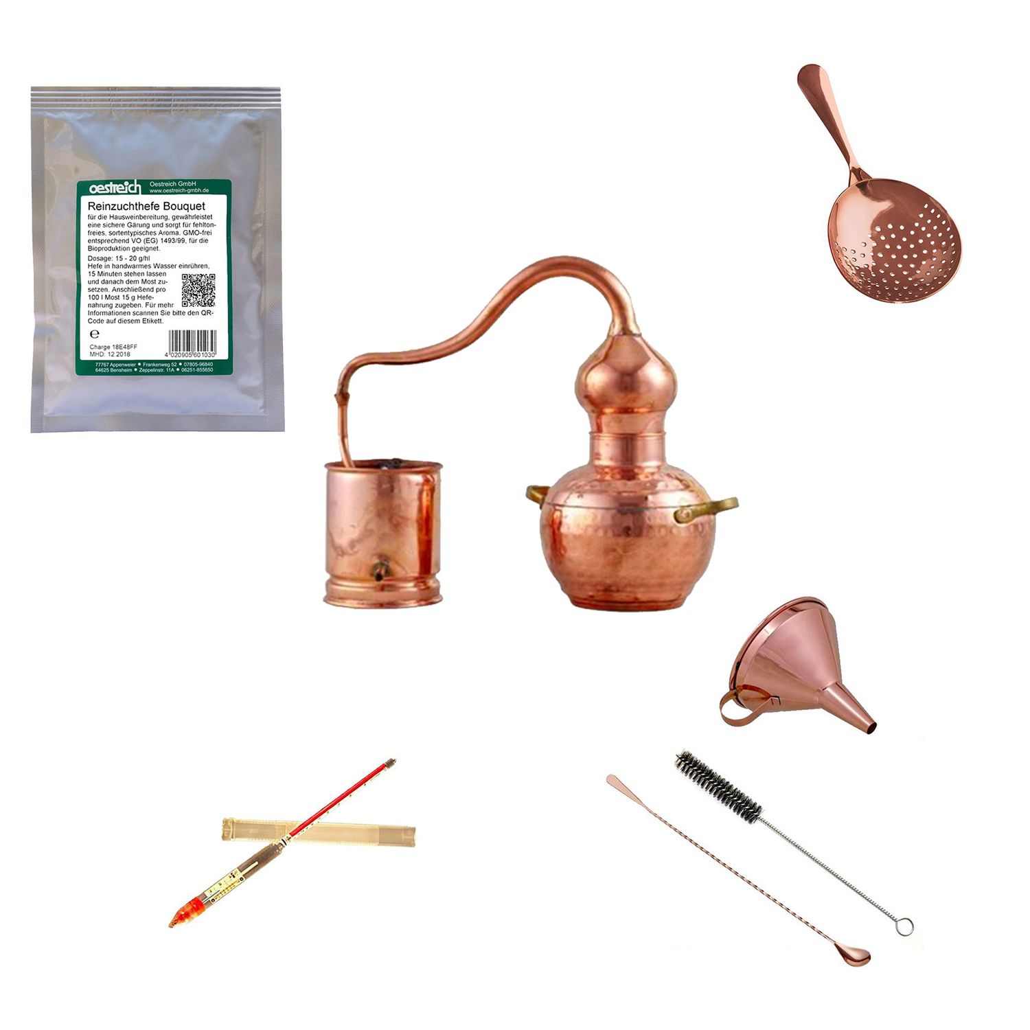 Destille Komplettset - Destille alembic 2 Liter Kupfer mit Reinzuchthefe 