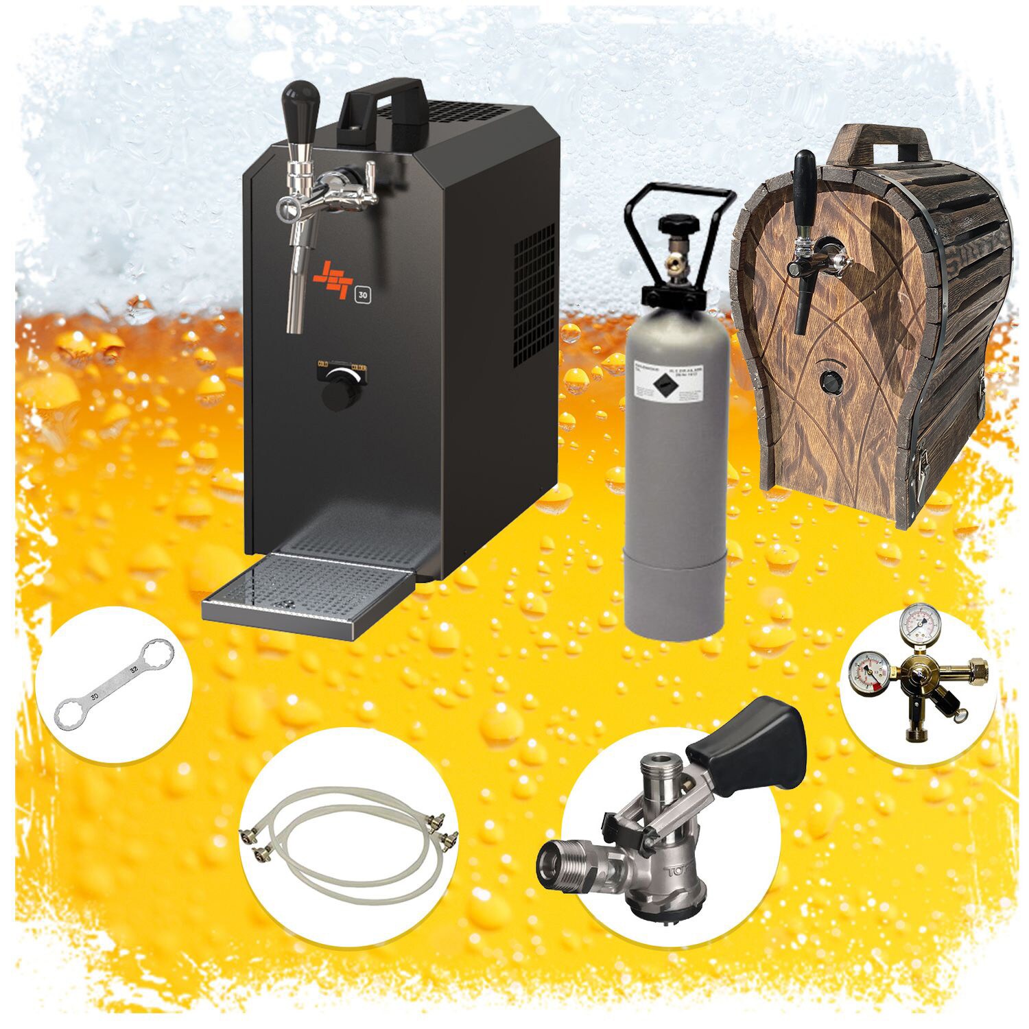 Komplett Set - Zapfanlage JET 30 Bierkoffer, Bierzapfanlage, Durchlaufk&uuml;hler 1-leitig Trockenk&uuml;hler, bis zu 35 Liter/h mit Holzfass, Zapfkopf:KeyKeg 