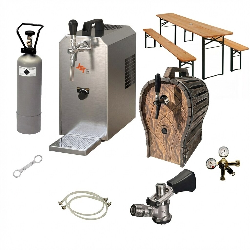 Komplett Set - Zapfanlage JET 30 Bierkoffer, Bierzapfanlage, Durchlaufk&uuml;hler 1-leitig Trockenk&uuml;hler, bis zu 35 Liter/h, Klappbare Bierzeltgarnitur mit Holzfass, Zapfkopf:Dreikant 
