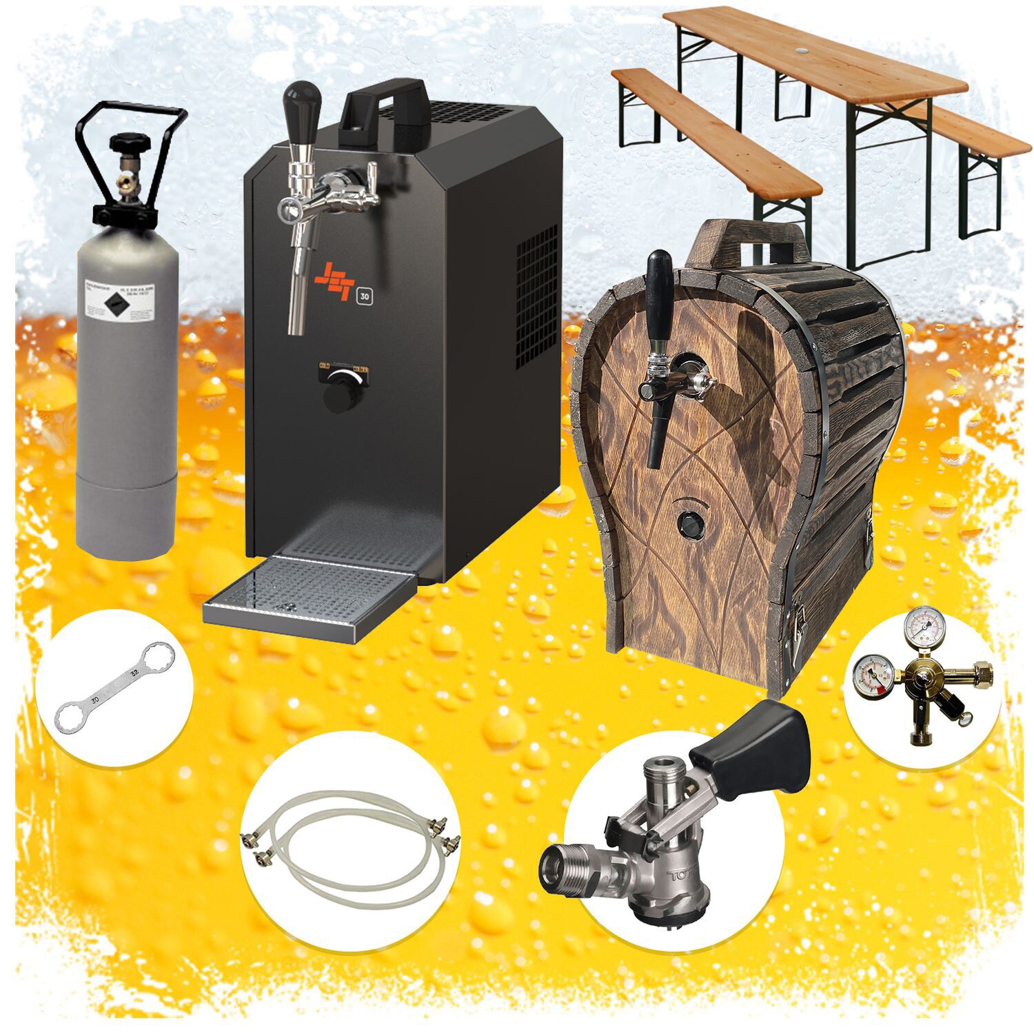 Komplett Set - Zapfanlage JET 30 Bierkoffer, Bierzapfanlage, Durchlaufk&uuml;hler 1-leitig Trockenk&uuml;hler, bis zu 35 Liter/h, Klappbare Bierzeltgarnitur mit Holzfass, Zapfkopf:KeyKeg 