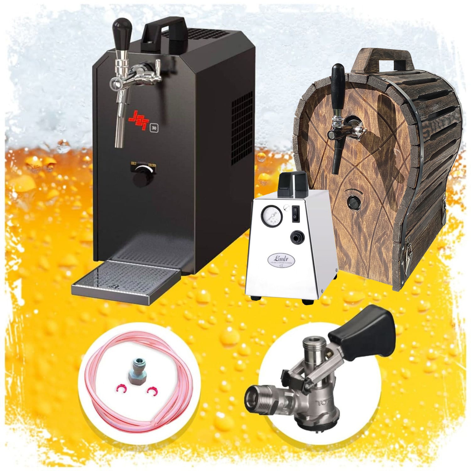 Komplett Set - Zapfanlage JET 30 Bierkoffer, Bierzapfanlage, Durchlaufk&uuml;hler 1-leitig Trockenk&uuml;hler, bis zu 35 Liter/h mit Holzfass, Zapfkopf:Dreikant 