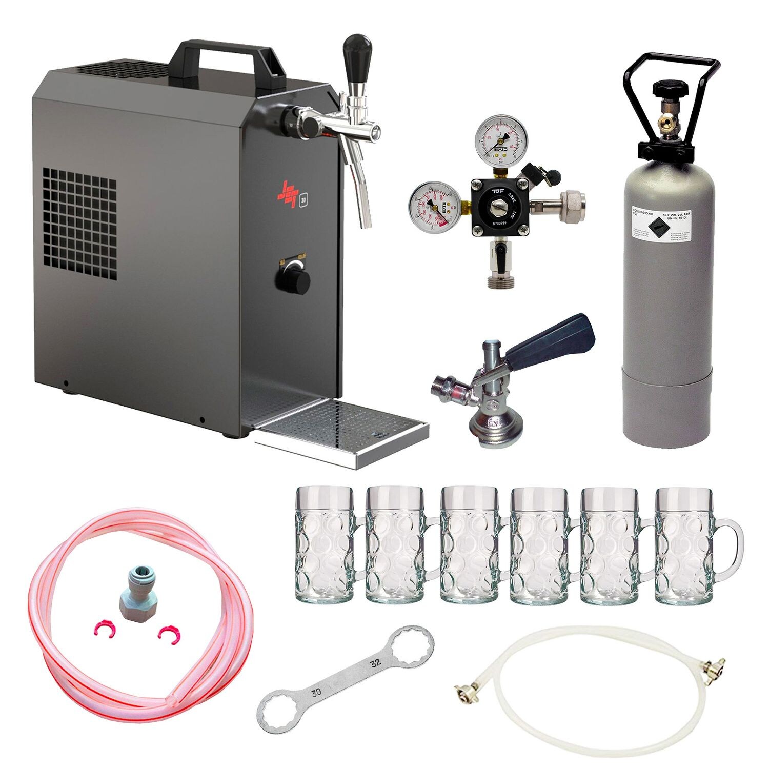 Komplett Set - Zapfanlage JET 30 Bierkoffer, Durchlaufkühler 1-leitig Trockenkühler, bis zu 35 Liter/h, inkl. Biergläser ISAR 0,3 Liter ., Zapfkopf:5 Liter Adapter