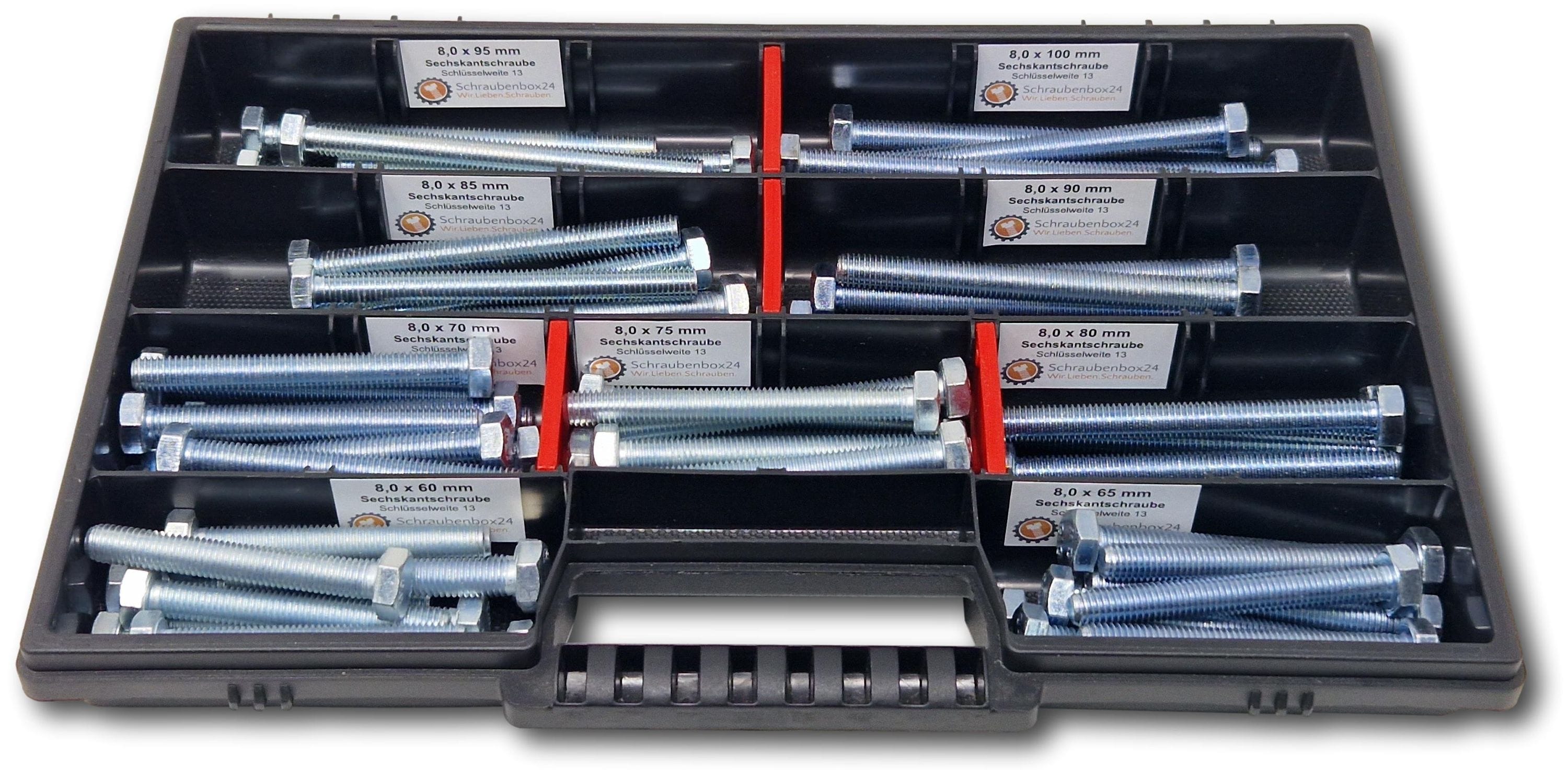 Sechskantschrauben Sortiment M8 // 60mm-100mm 65 tlg Schraubenbox DIN 933/ISO4017 Vollgewindeschrauben Maschinenschrauben Gewindeschrauben Sechskantschrauben 