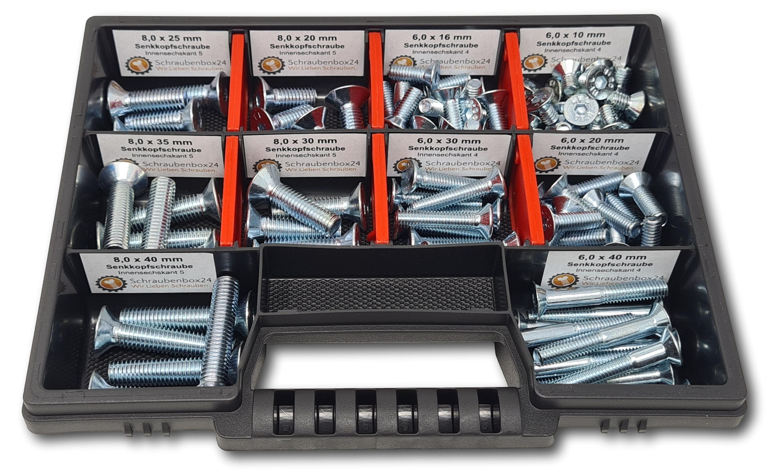 Senkkopfschrauben Sortiment M6-M8 // 10mm-40mm 105 tlg. Schraubenbox DIN 7991/ISO 10642 Bolzen Vollgewindeschrauben Maschinenschrauben Gewindeschrauben Senkkopfschrauben 