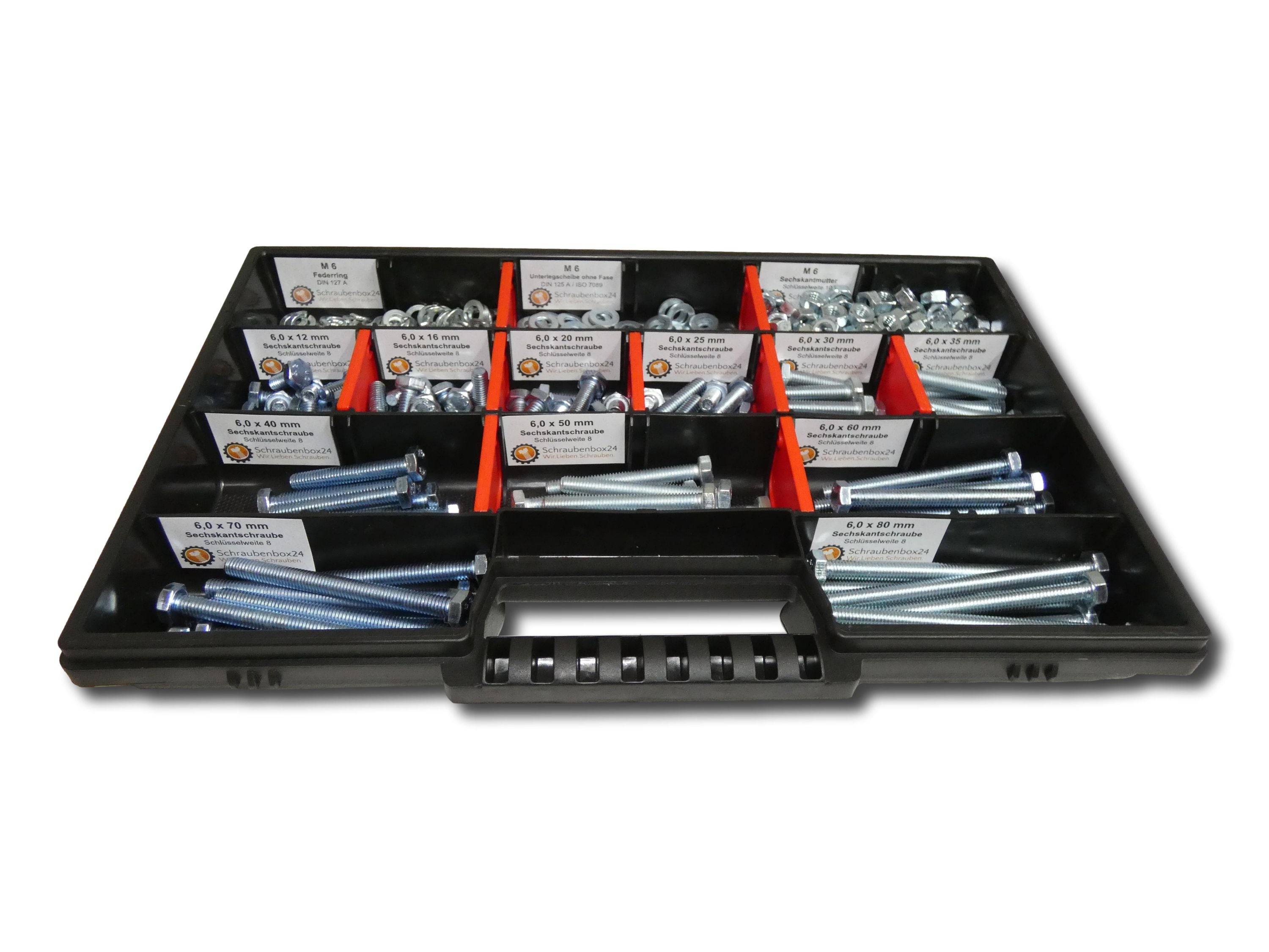 480 tlg Sechskantschrauben Sortiment mit Muttern Unterlegscheiben Federringen M6 // 12mm-80mm  Schrauben Set 