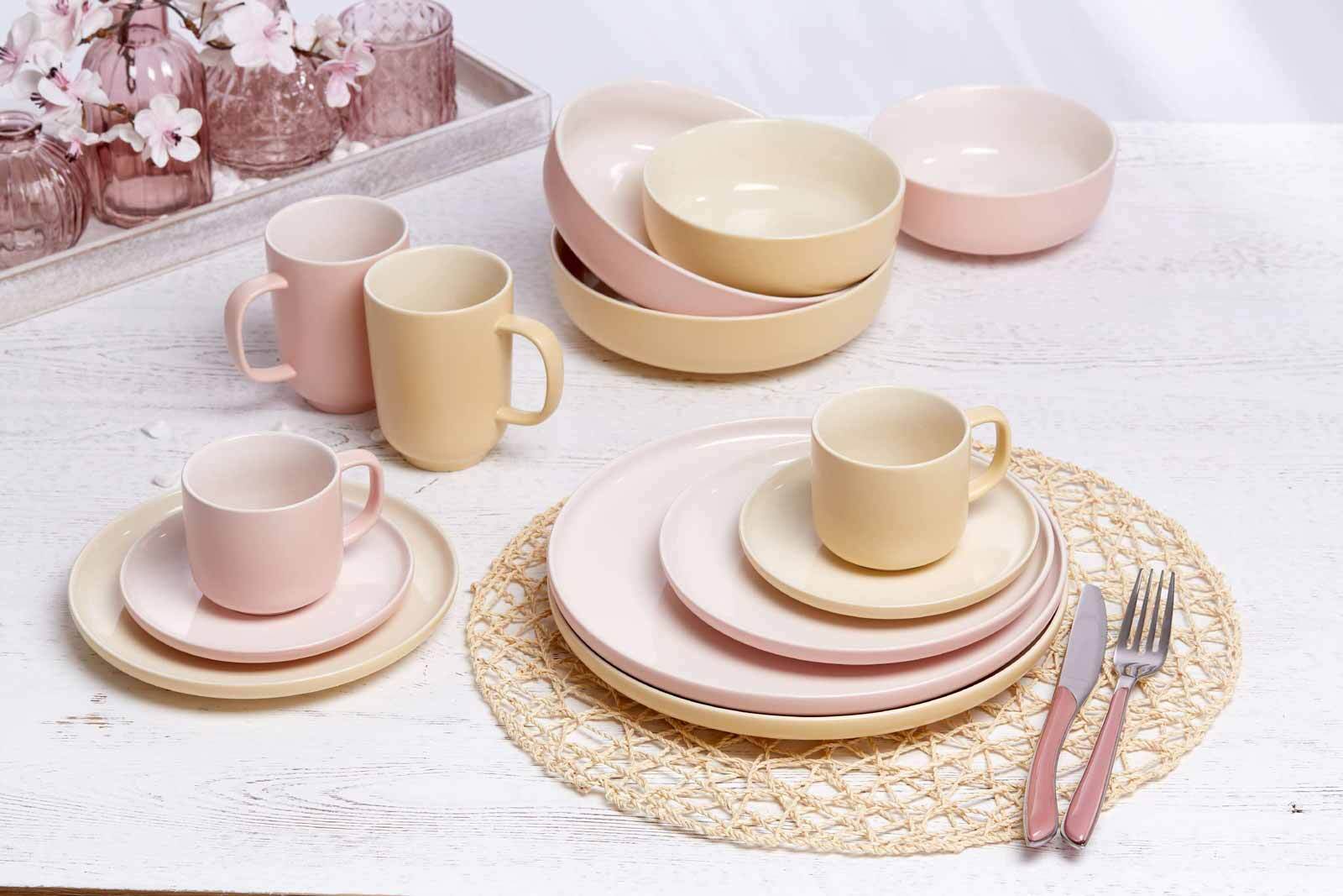 Ritzenhoff & Breker Jasper Puder 16-delig combiservies voor 4 personen | Aardewerk serviesset met elk 4x koffiebekers 250ml, kommen 360ml, soepborden & platte borden | Ontbijt, lunch & koffie