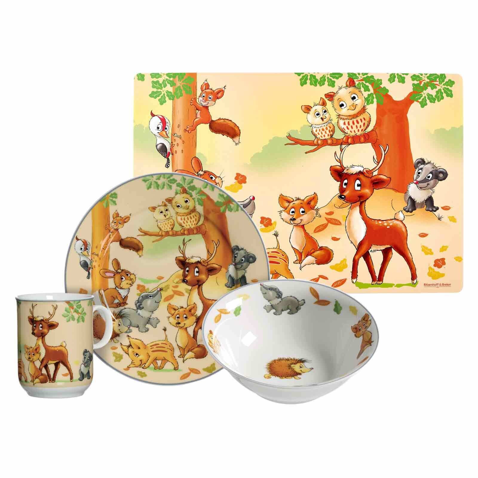 Kindergeschirr mit Platzset Waldtiere 4er Set