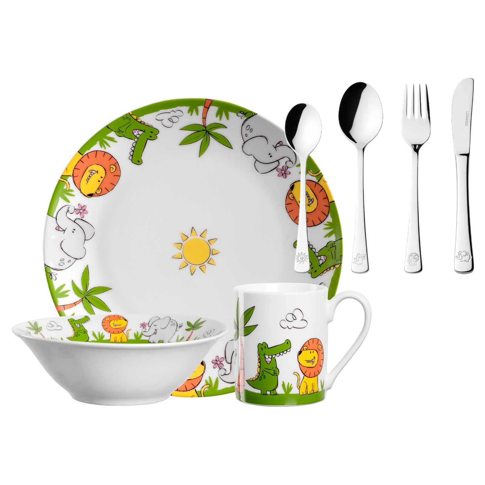 Leonardo Kindergeschirr mit Besteck Krokodil / Elefant / L&ouml;we Bambini 