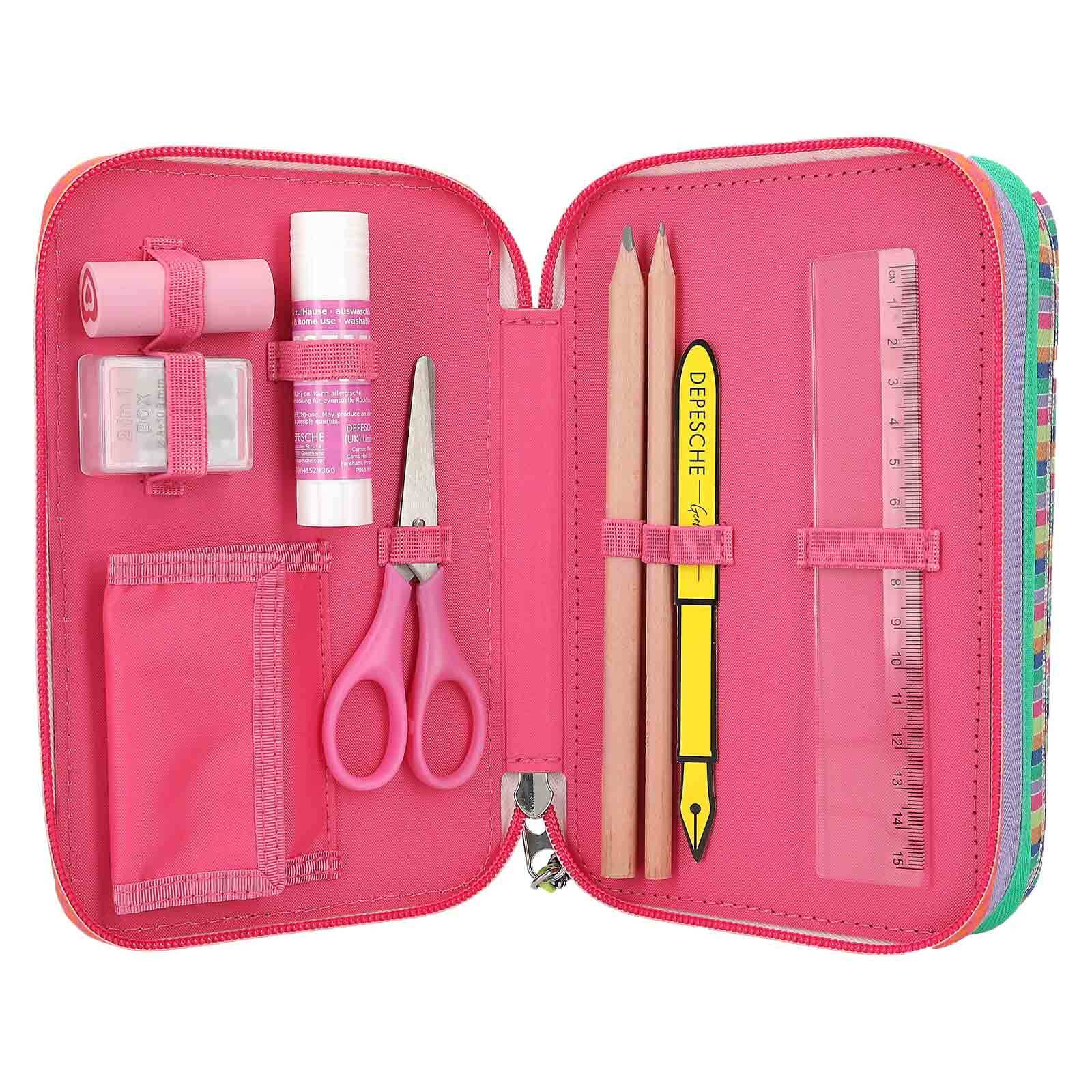 SJ GANG Federmäppchen Mit 3 Fächern, Violett, Inkl. Stifte, Lineal, Schere & Mehr – Italienisches Design, Für Schule, Mädchen & Jungen