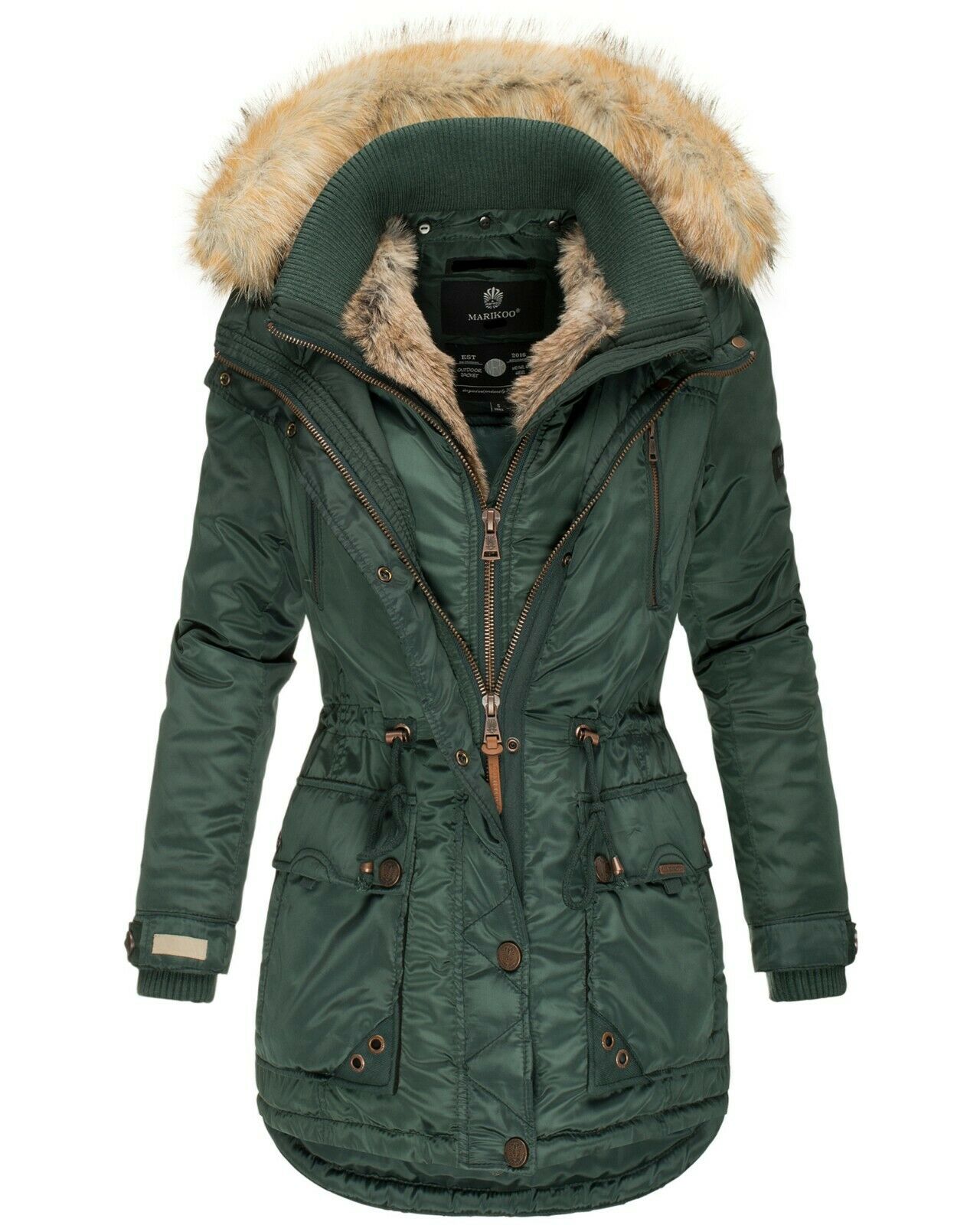 MARIKOO Damen Designer Wintermantel Winter Parka mit Kunstpelz-Kapuze Grinsekatze 