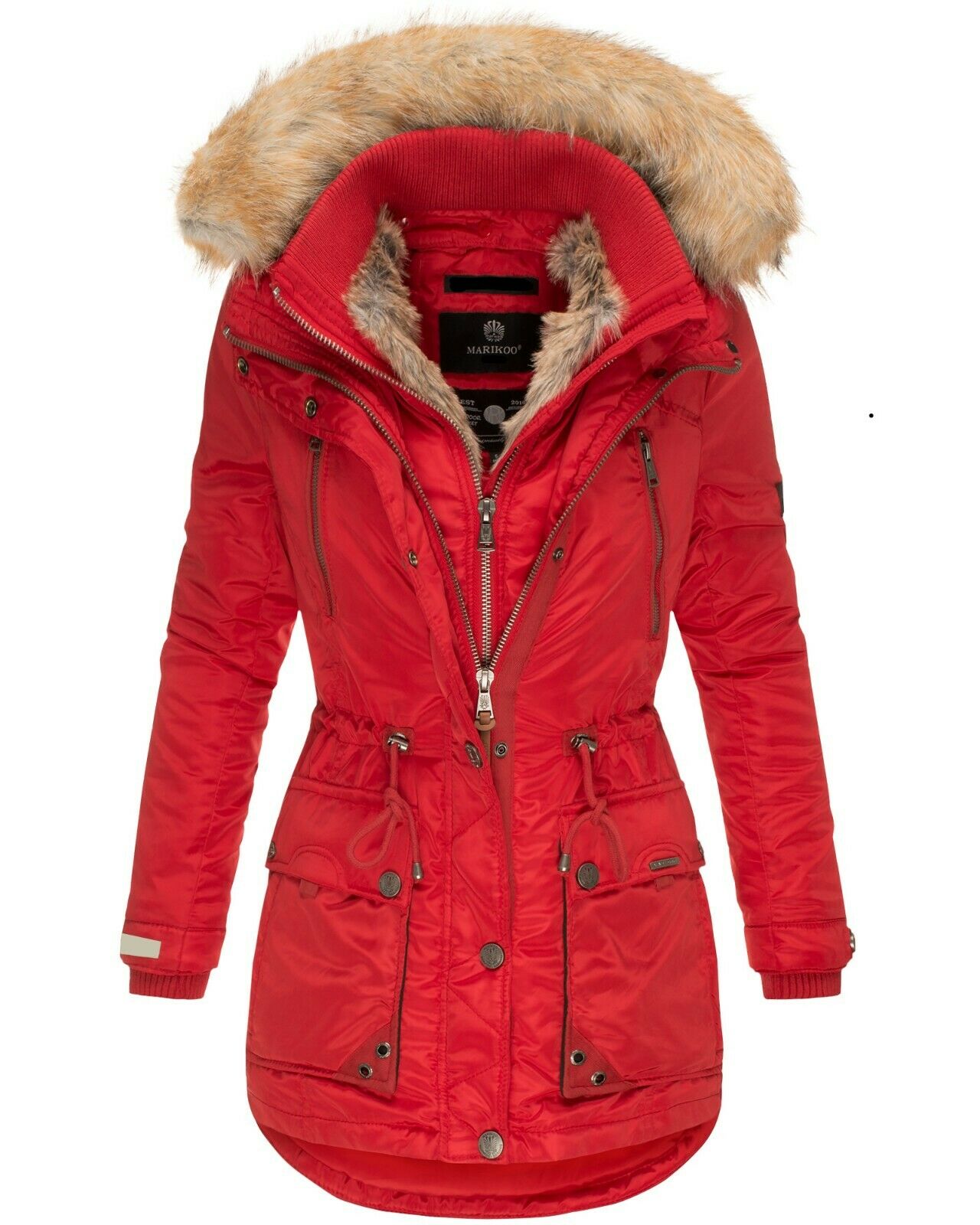 MARIKOO Damen Designer Wintermantel Winter Parka mit Kunstpelz-Kapuze Grinsekatze 