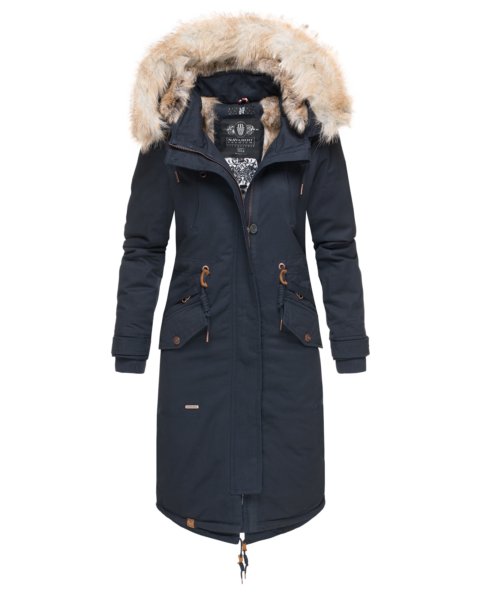 NAVAHOO Damen Designer Langer Wintermantel Parka mit Kunstfell-Kapuze Kin-Joo 