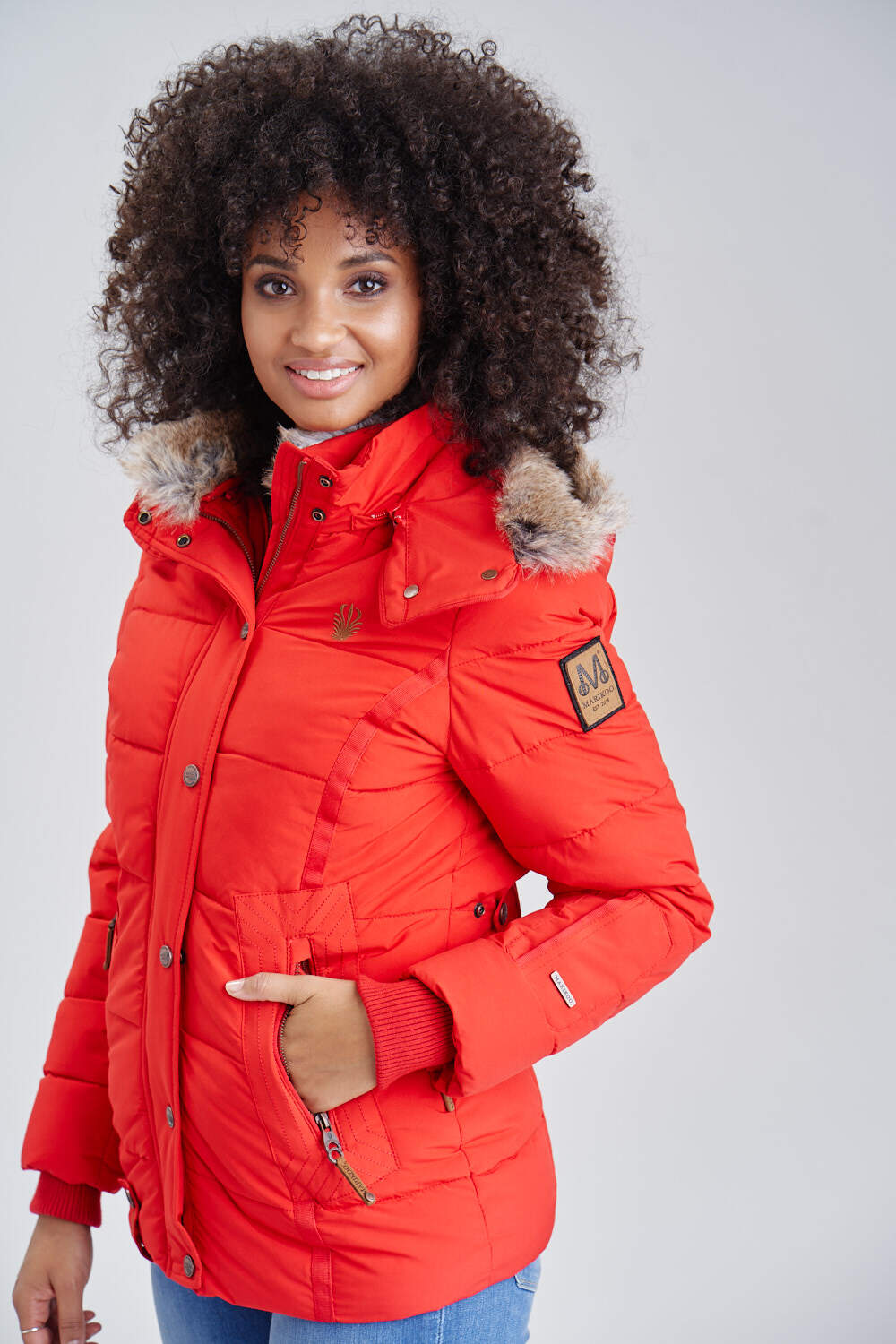 MARIKOO Damen Stylischer Winterjacke Steppjacke Mit Großer Kapuze