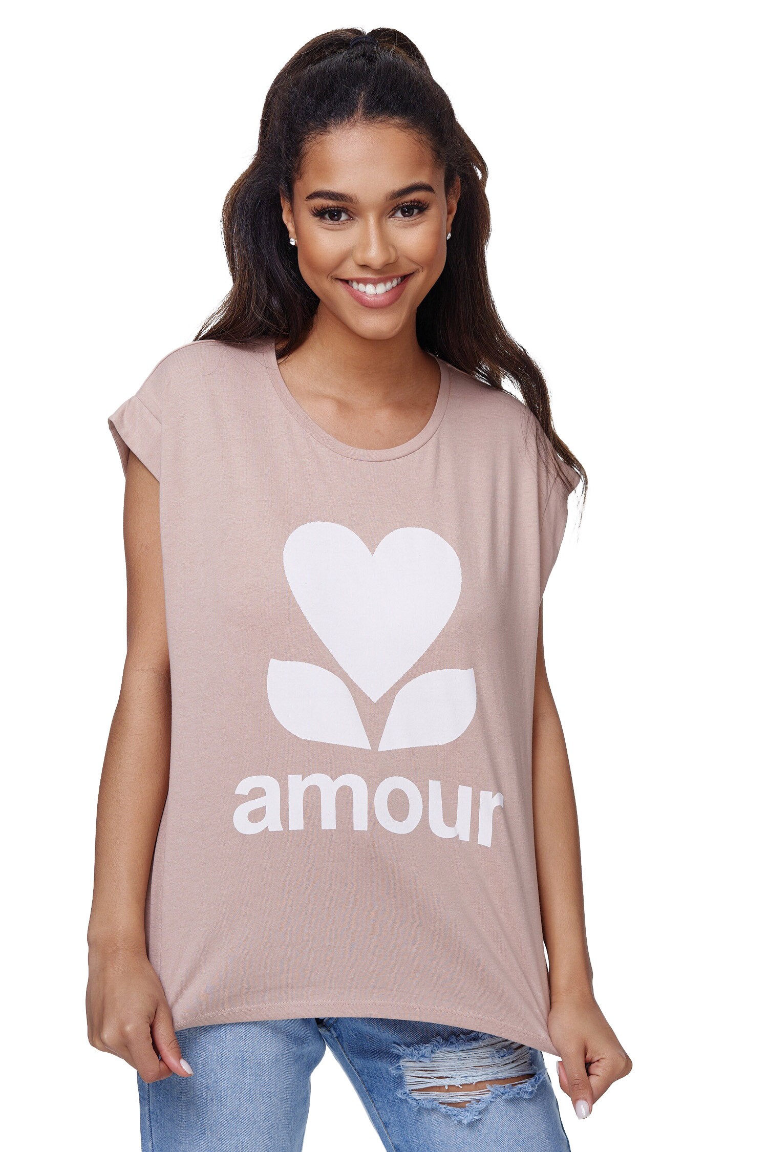 RAYSHYNE Damen T-Shirt mit modischem Aufdruck Amour in Einheitsgr&ouml;&szlig;e RS01 