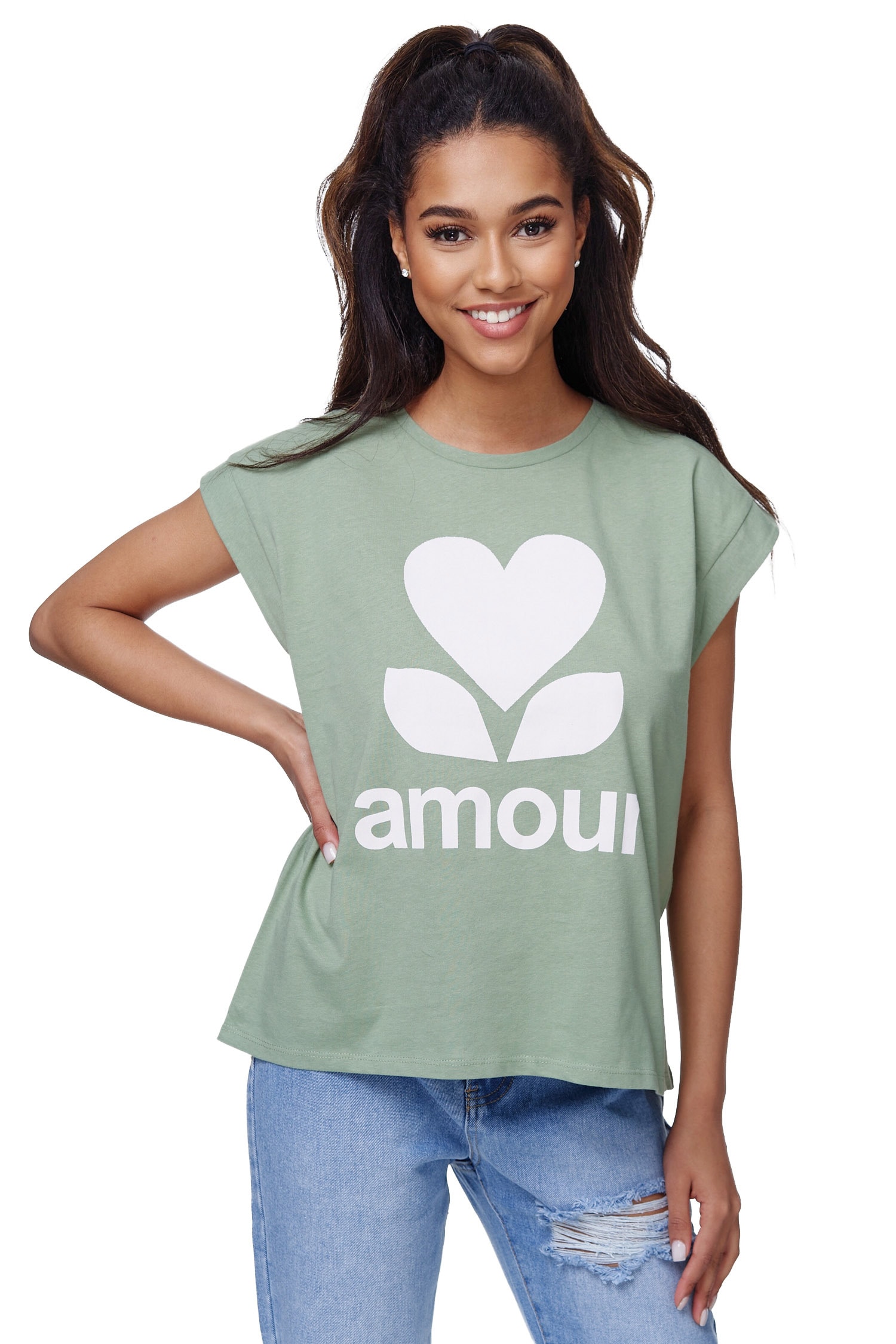 RAYSHYNE Damen T-Shirt mit modischem Aufdruck Amour in Einheitsgr&ouml;&szlig;e RS01 