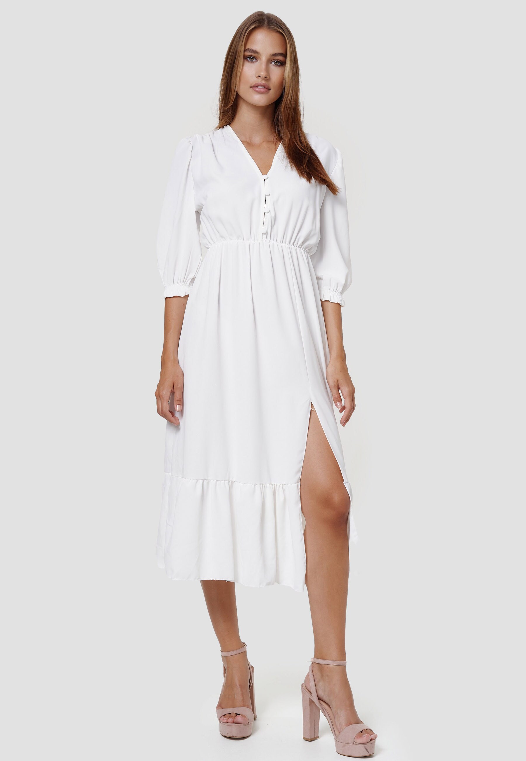 RAYSHYNE Damen Sommerkleid Romantisches Kleid mit R&uuml;sche und Schlitz RS15 