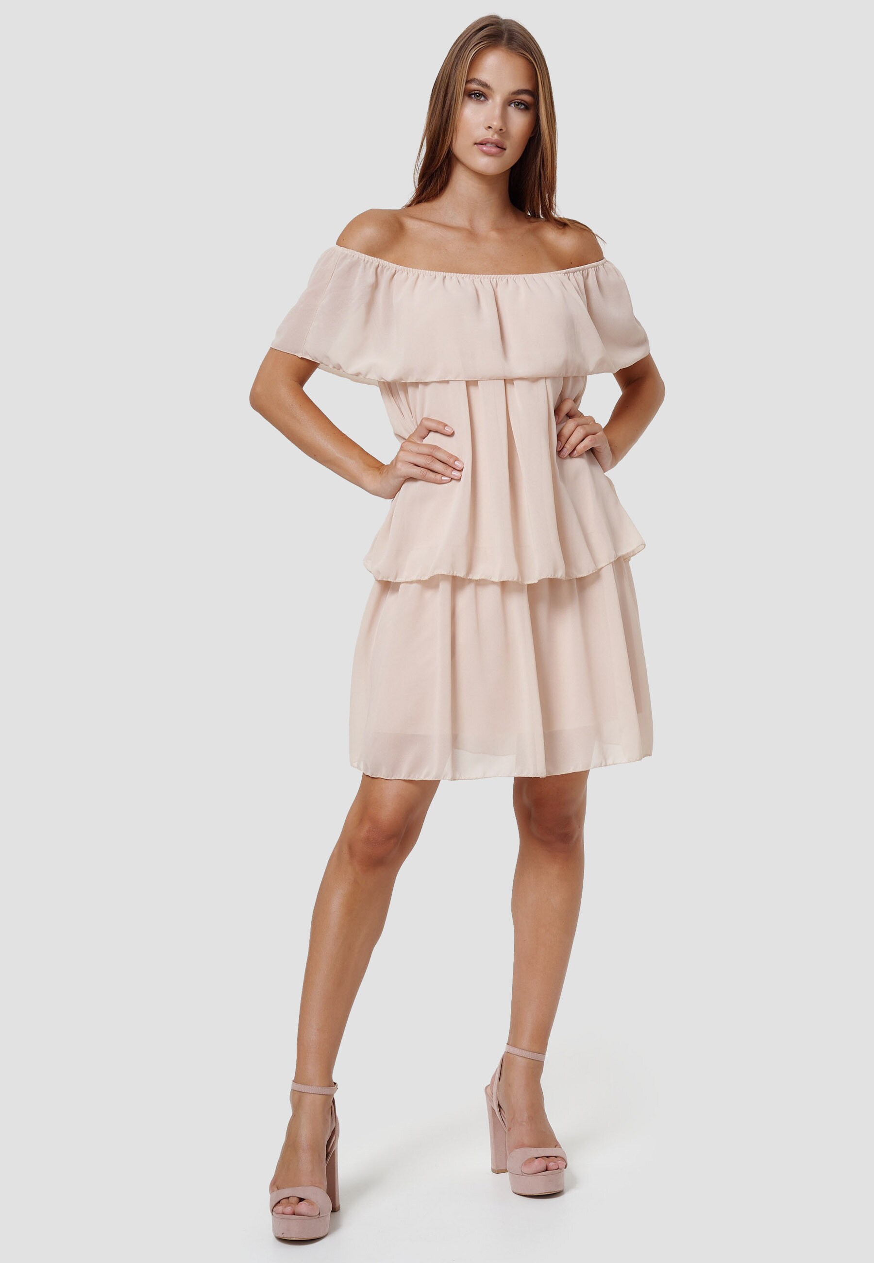 RAYSHYNE Damen Minikleid Elegantes Schulterfreies Chiffon Overlay Midi Kleid in Einheitsgr&ouml;&szlig;e RS03 