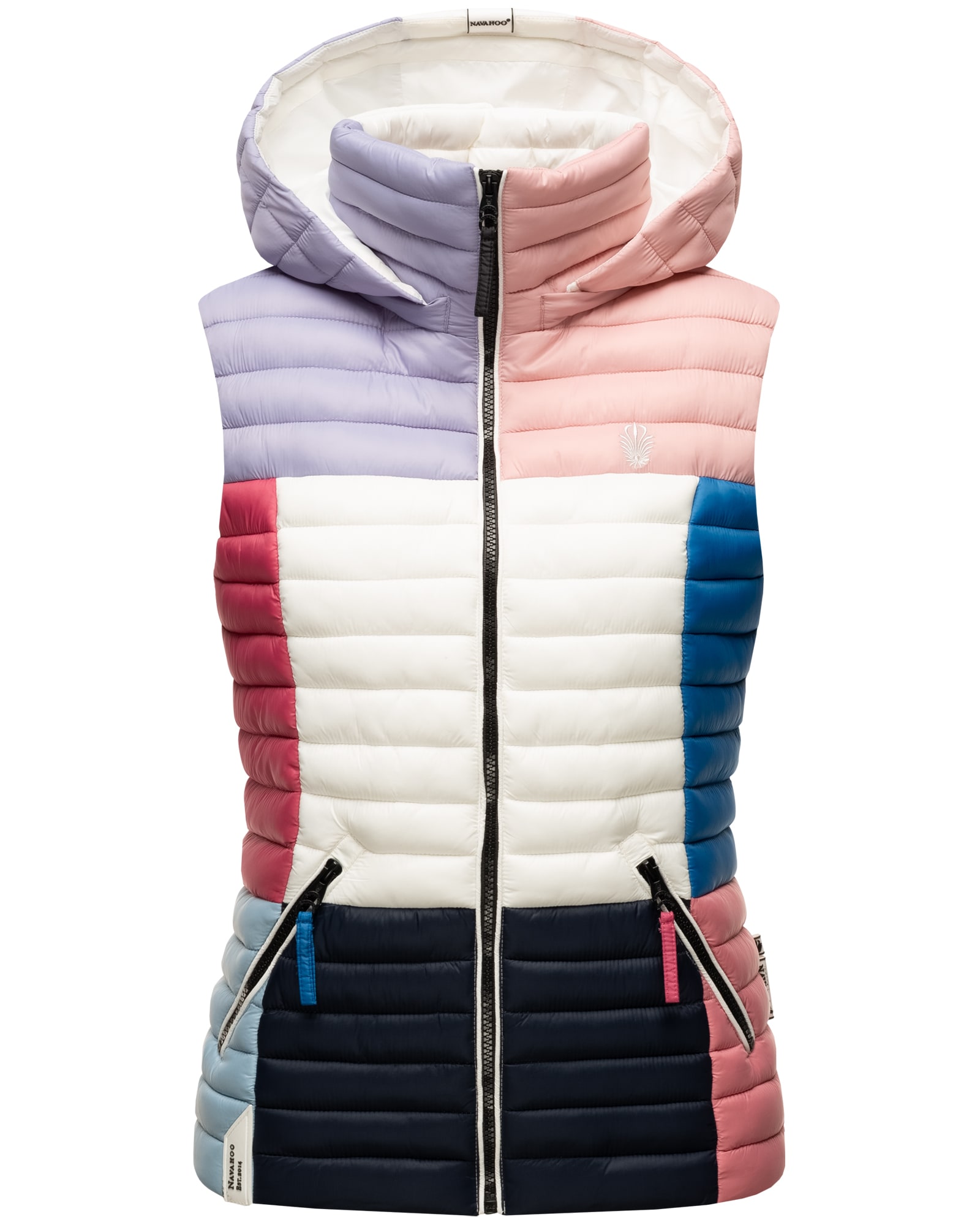 NAVAHOO Damen Steppweste &Auml;rmellose Weste im Colourblocking-Stil und Kapuze Shadaa Multikulti 