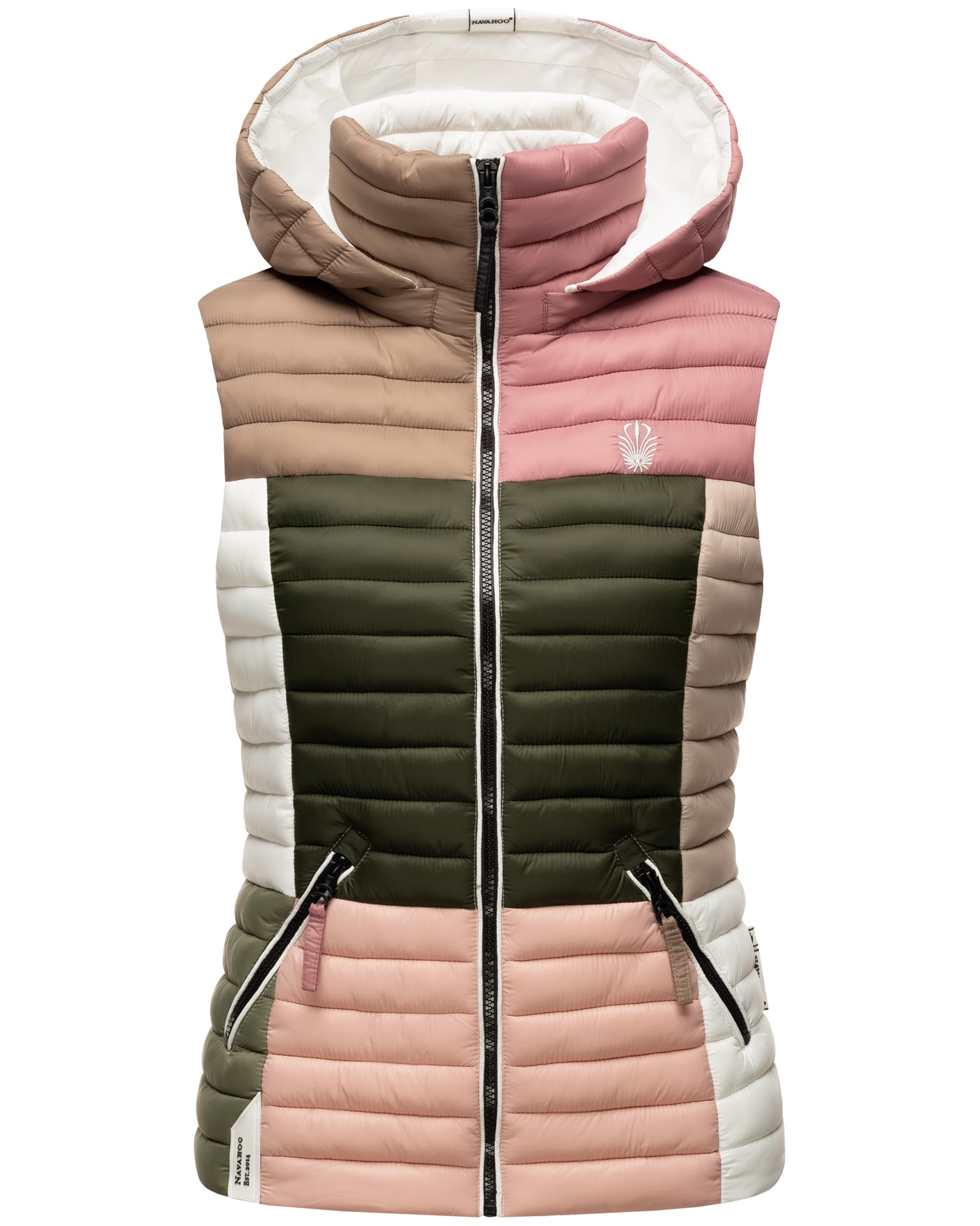 NAVAHOO Damen Steppweste &Auml;rmellose Weste im Colourblocking-Stil und Kapuze Shadaa Multikulti 