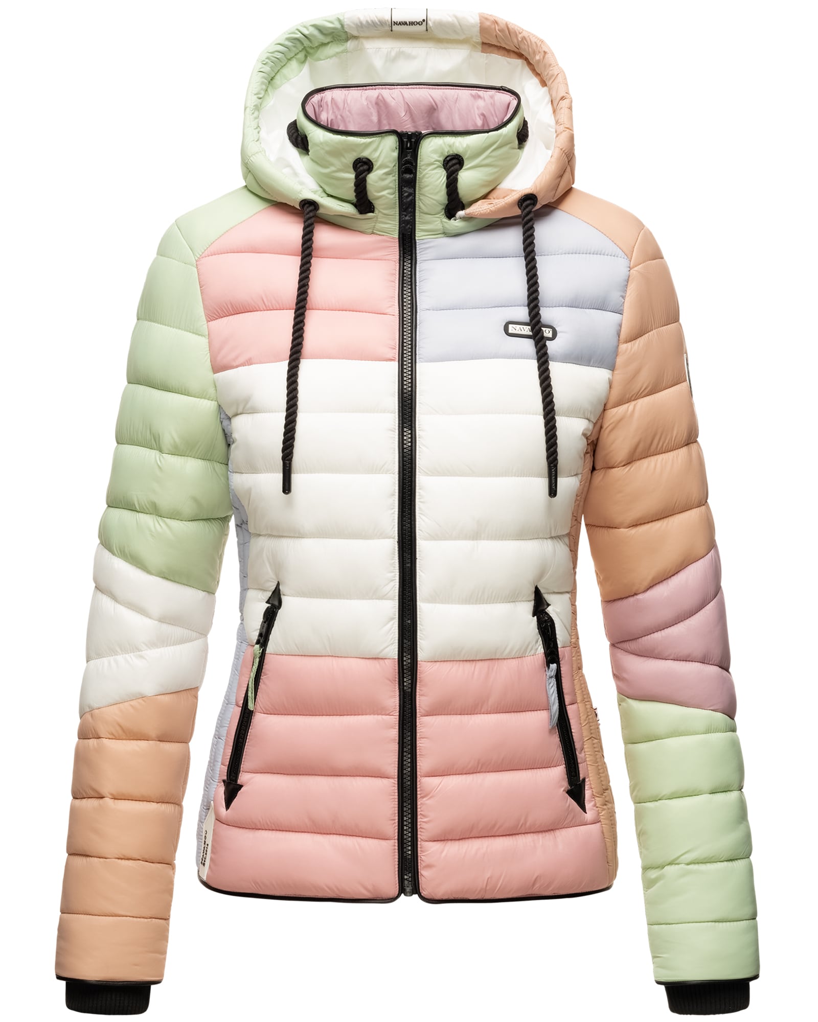 NAVAHOO Damen Steppjacke leichte &Uuml;bergangsjacke mit Kapuze im Colourblocking Stil Lulana Multikulti 