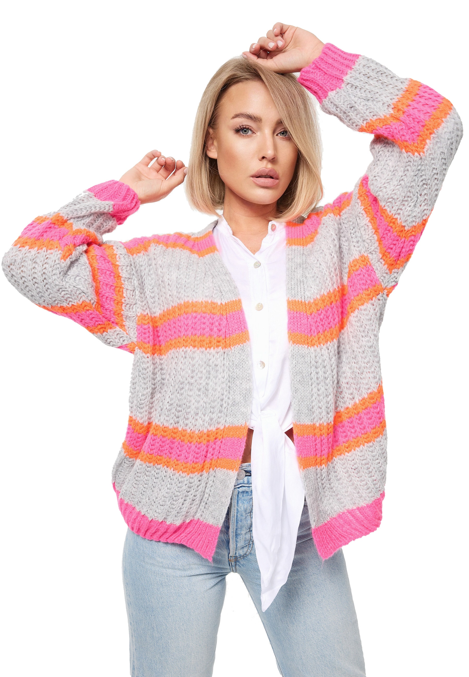 PM SELECTED Damen Cardigan Kuschelige Strickjacke in Candy Stripes Design in Einheitsgr&ouml;&szlig;e PM08 