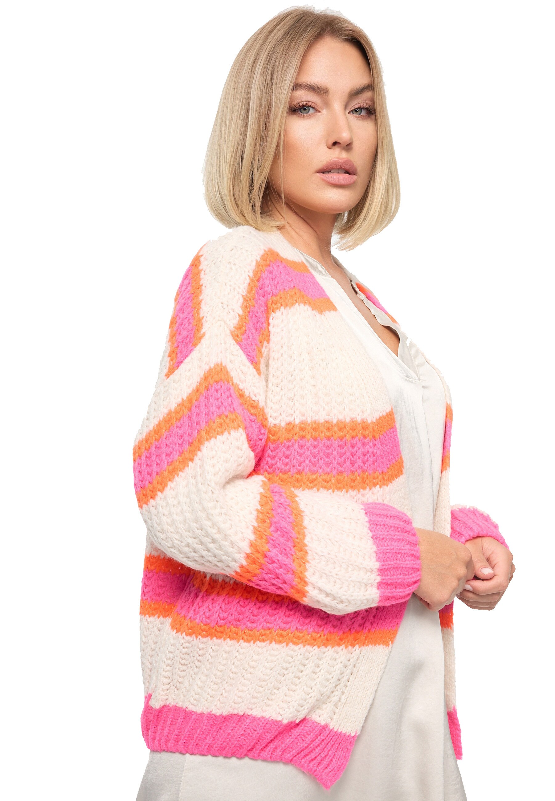 PM SELECTED Damen Cardigan Kuschelige Strickjacke in Candy Stripes Design in Einheitsgr&ouml;&szlig;e PM08 