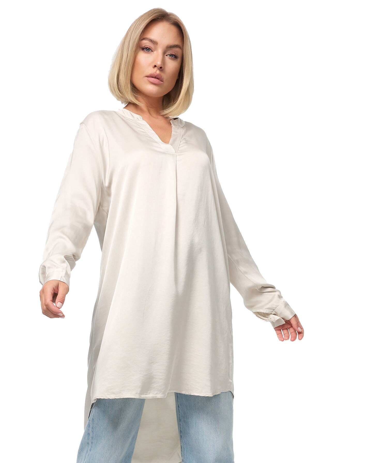 PM SELECTED Damen Elegante Satin Light Oversize Business Long Bluse in Einheitsgr&ouml;&szlig;e PM07 