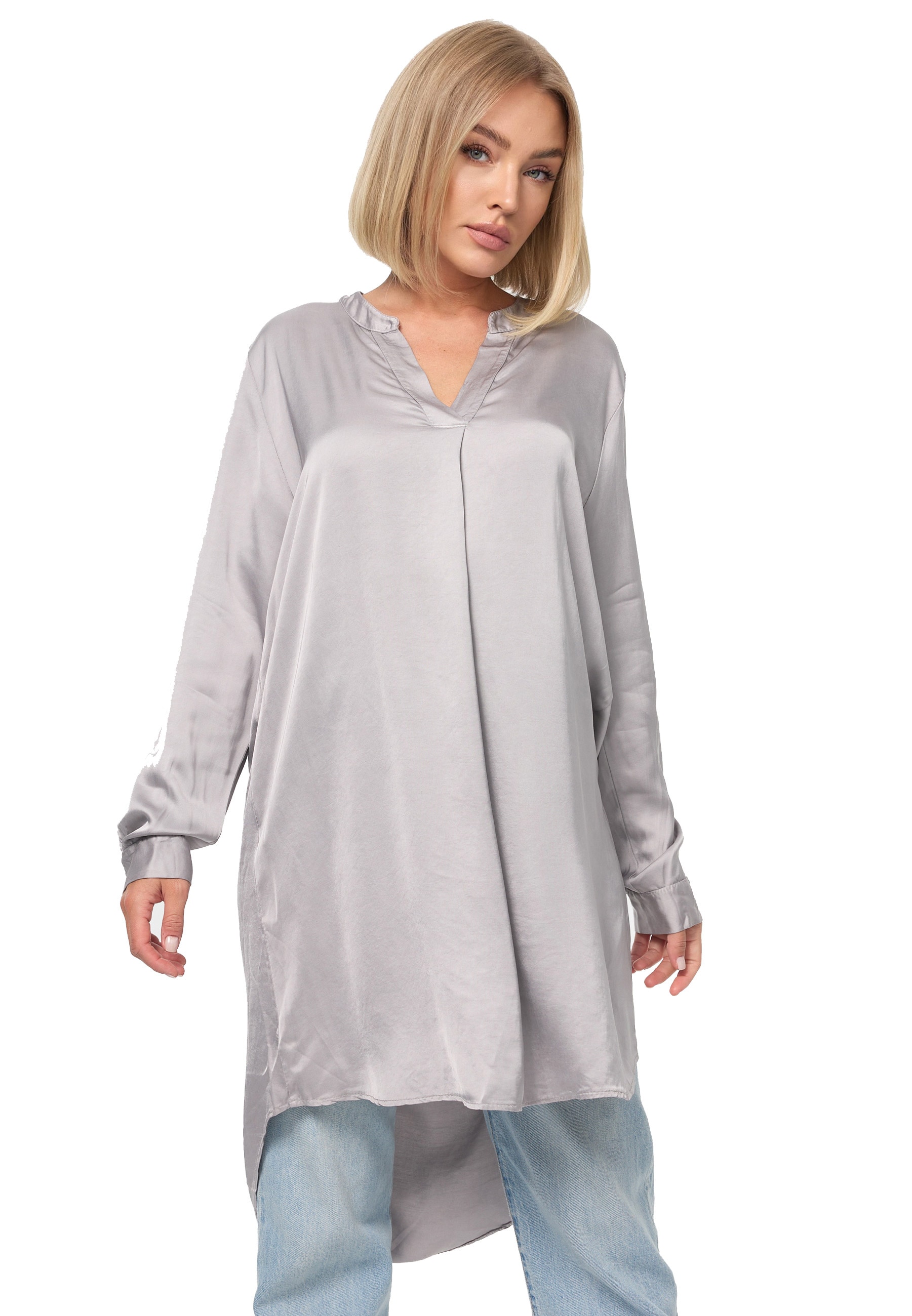 PM SELECTED Damen Elegante Satin Light Oversize Business Long Bluse in Einheitsgr&ouml;&szlig;e PM07 