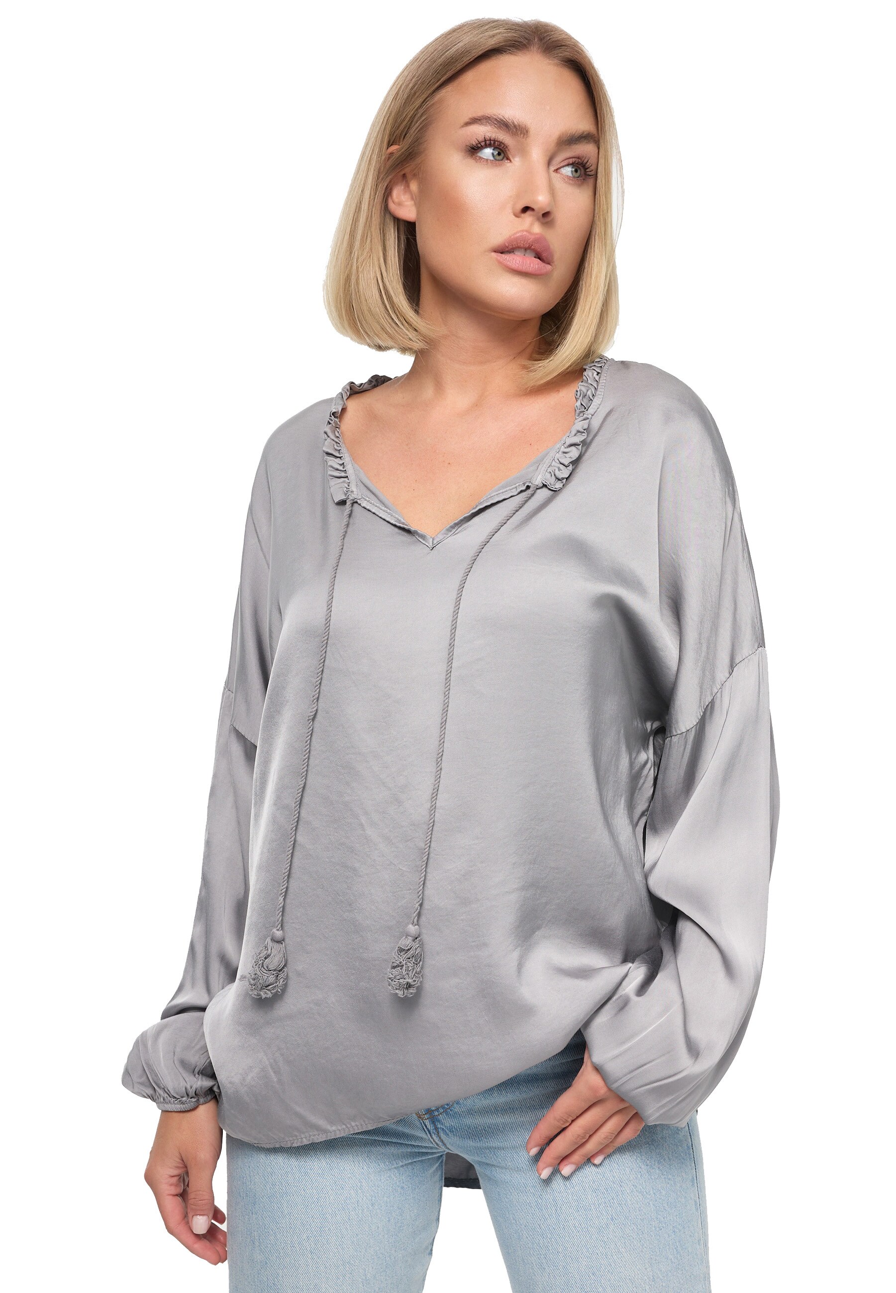 PM SELECTED Damen Schlupfbluse Romantische Business Satin Bluse mit R&uuml;schenkragen in Einheitsgr&ouml;&szlig;e PM06 