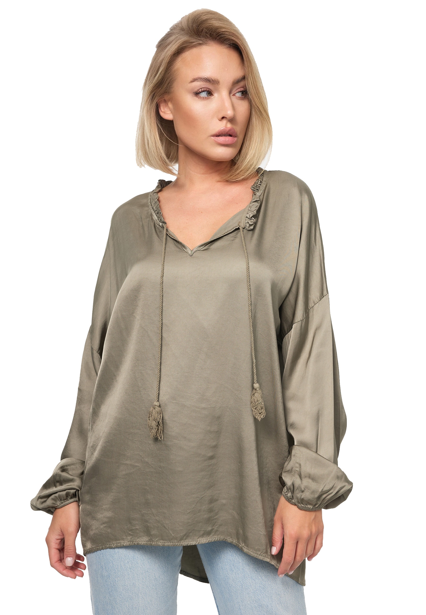 PM SELECTED Damen Schlupfbluse Romantische Business Satin Bluse mit R&uuml;schenkragen in Einheitsgr&ouml;&szlig;e PM06 