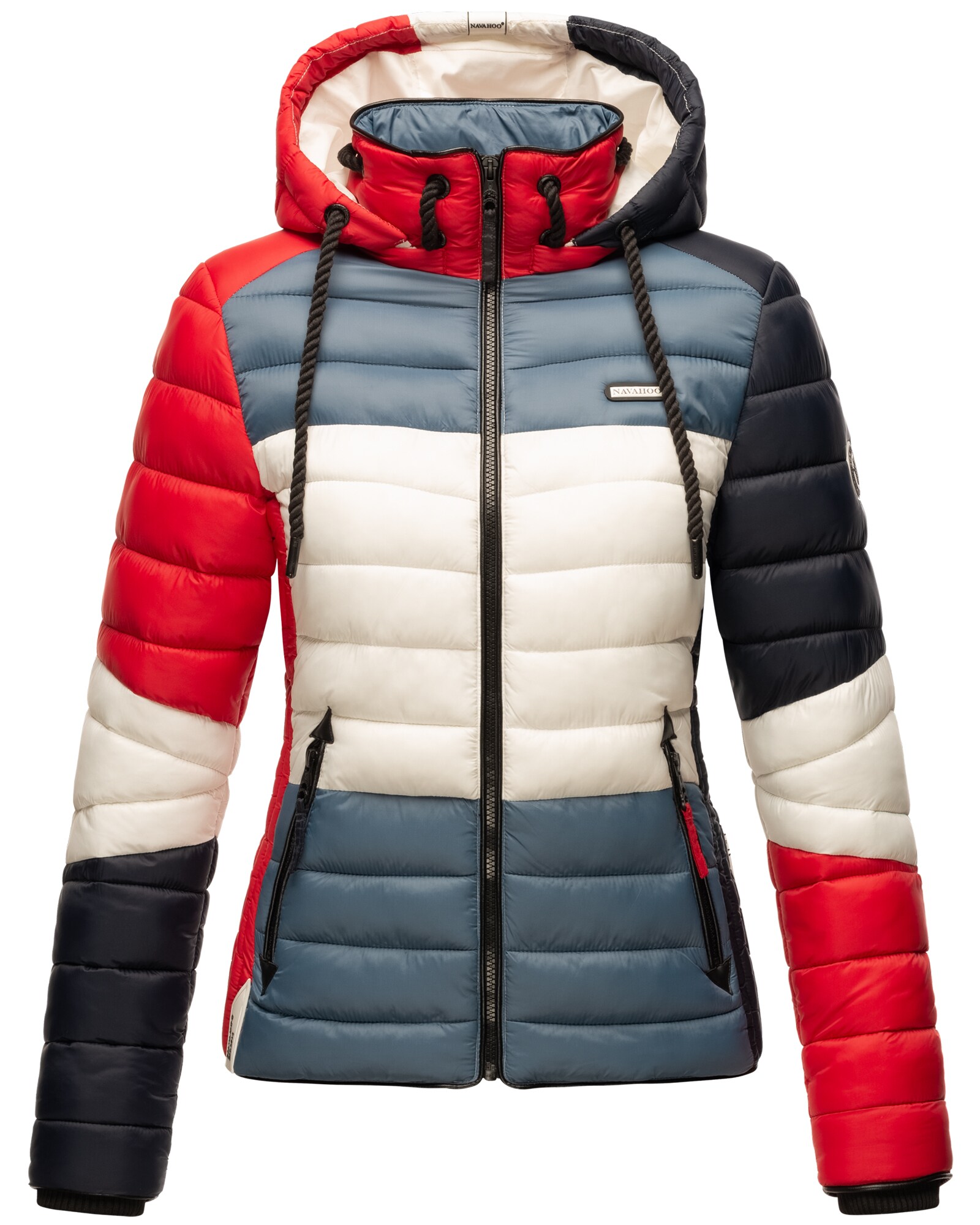 NAVAHOO Damen Steppjacke leichte &Uuml;bergangsjacke mit Kapuze im Colourblocking Stil Lulana Multikulti 