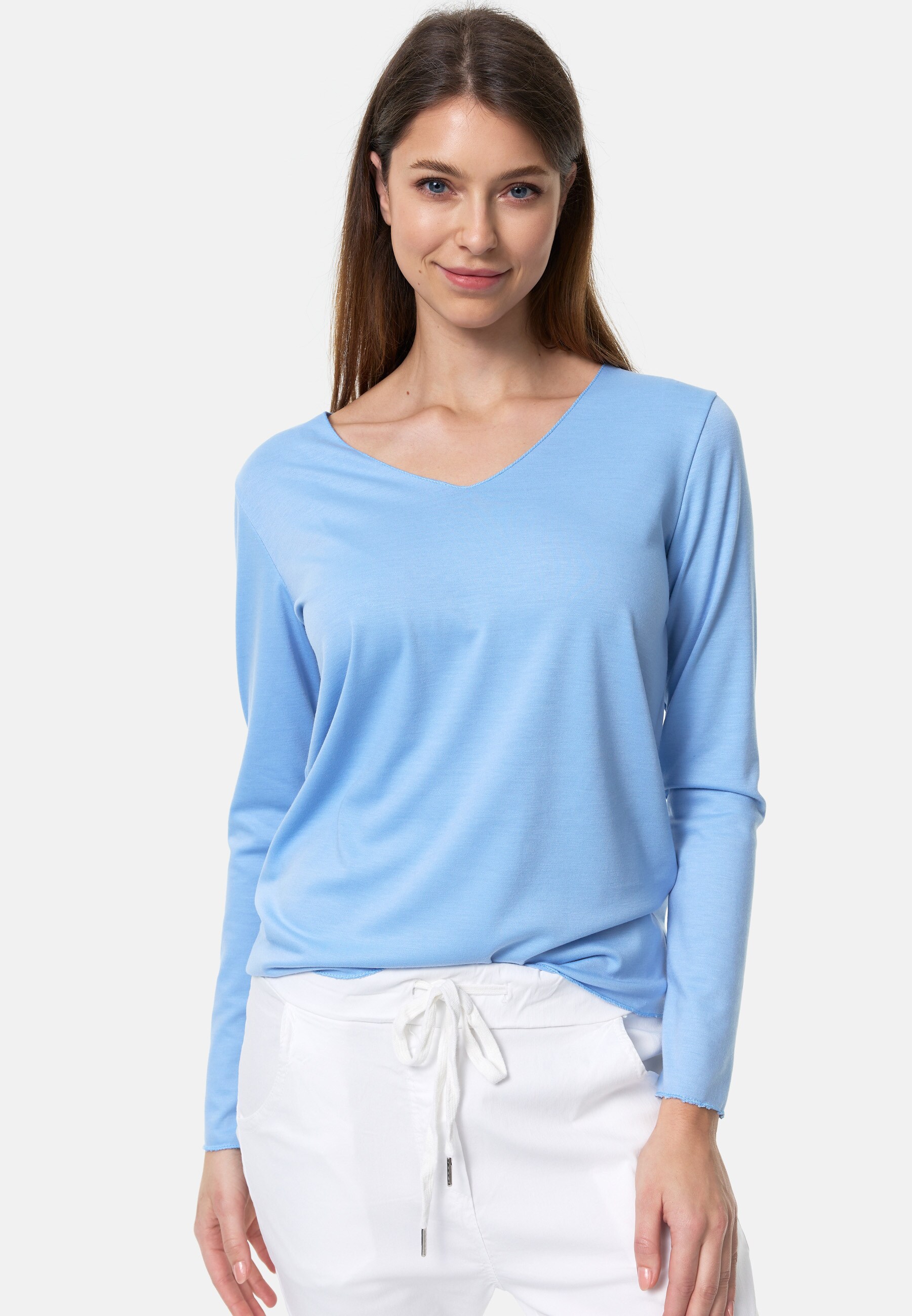PM SELECTED Damen Longsleeve Legeres Langarm Sommer Shirt mit V-Ausschnitt in Einheitsgr&ouml;&szlig;e PM16 